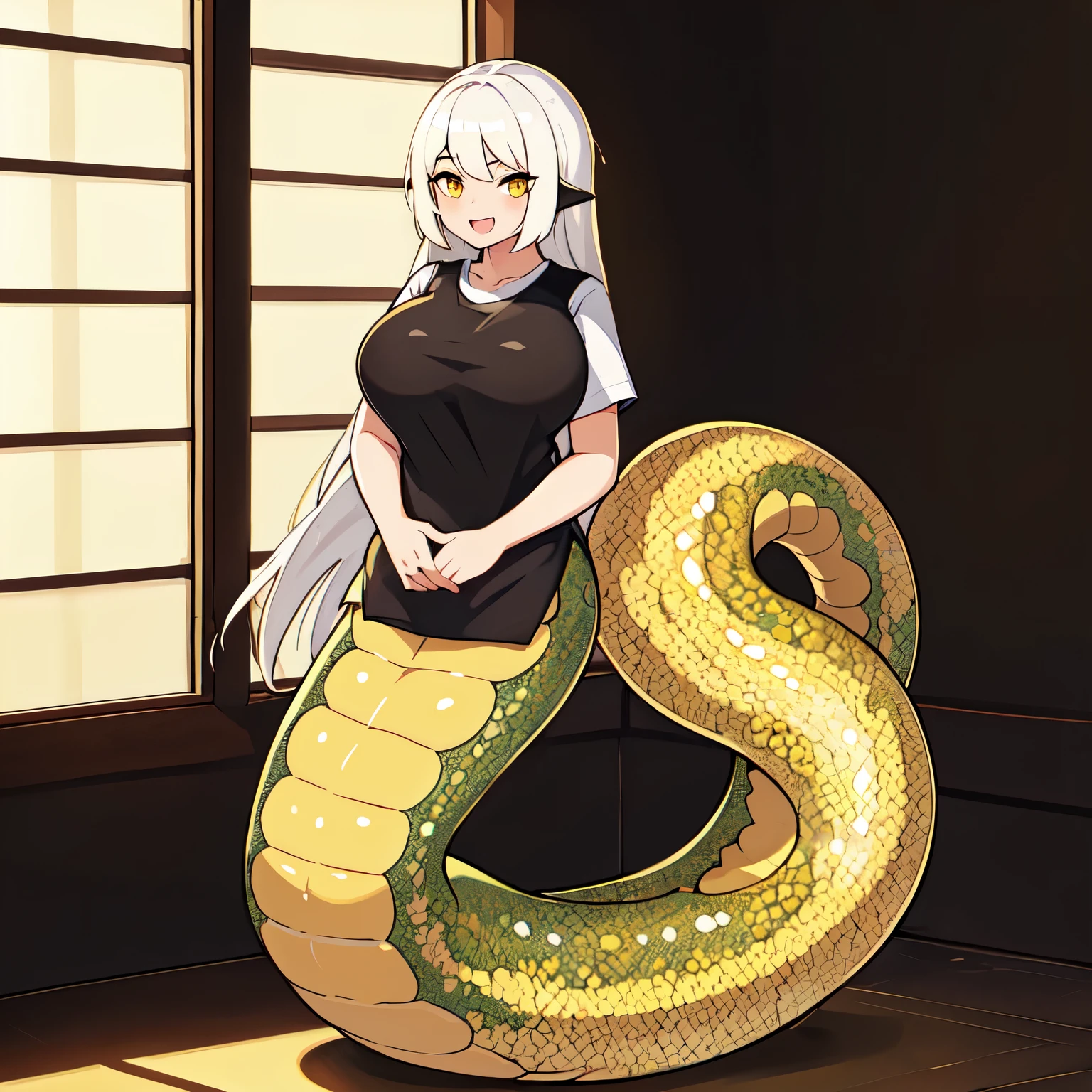 ((1girl)), lamia, ((yellow scales)), tail, standing, 8k, highres, best quality, highres, full body, gigantic bressts, white hair, brown eyes, black pupil, (((black crop shirt))), long hair, backlighting, glaring eyes, shadow, silhouette, ((no pants)), cafe, ((solo)), full body, smiling, open mouth, 