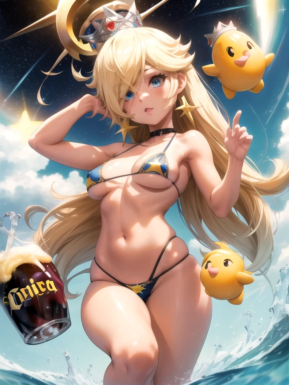 obra maestra,Mejor calidad,1 chica,pelo rubio, micro bikini,blue eyes,corona,pelo sobre un ojo,Estrella (symbol),Estrella earrings, pechos grandes