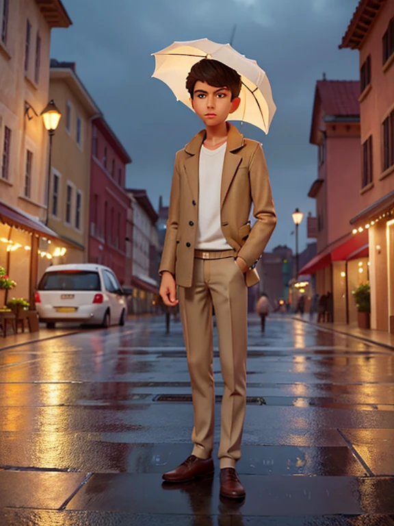 In the middle of a busy city square, At night, Under the soft light of a street lamp, A young man standing with a thoughtful expression on his face. He is dressed casually, But the outfit is elegant., It consists of a beige jacket, Khaki pants, And sturdy shoes. Rain taps lightly on the pavement around him., Unusual character. The distant rumble of cars mixes with the gentle sound of raindrops..