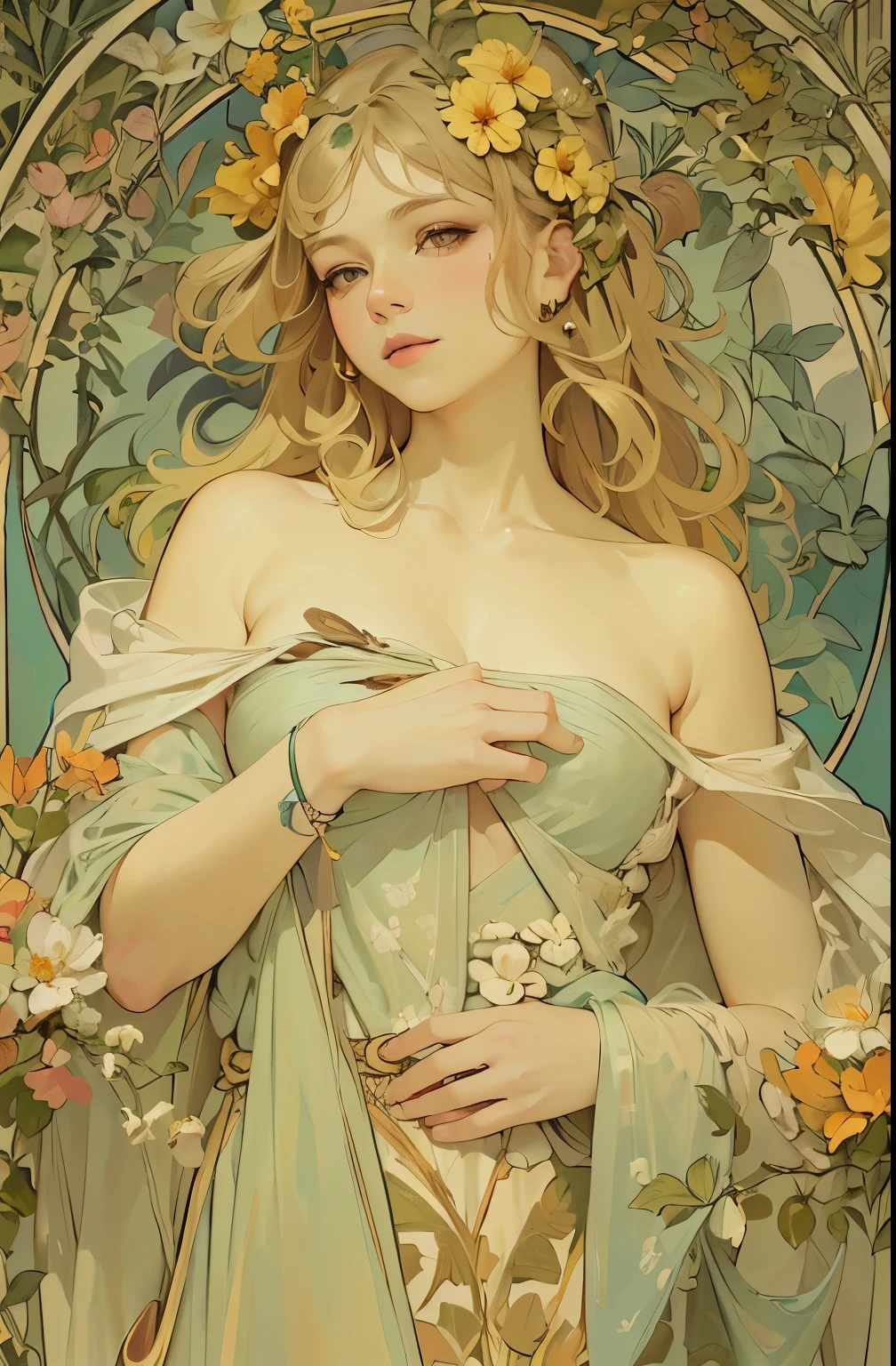 Alphonse Mucha ,(masterpiece,best quality),(high-res,detailed),(poster),flat shading:1.4,detailed body,(detailed face),
blonde hair,Botanical art,Floral art,big ,bare shoulders,open cross:1.5,long eyelashes:1.5,small face:1.5,Moonlight,Iris sanguinea