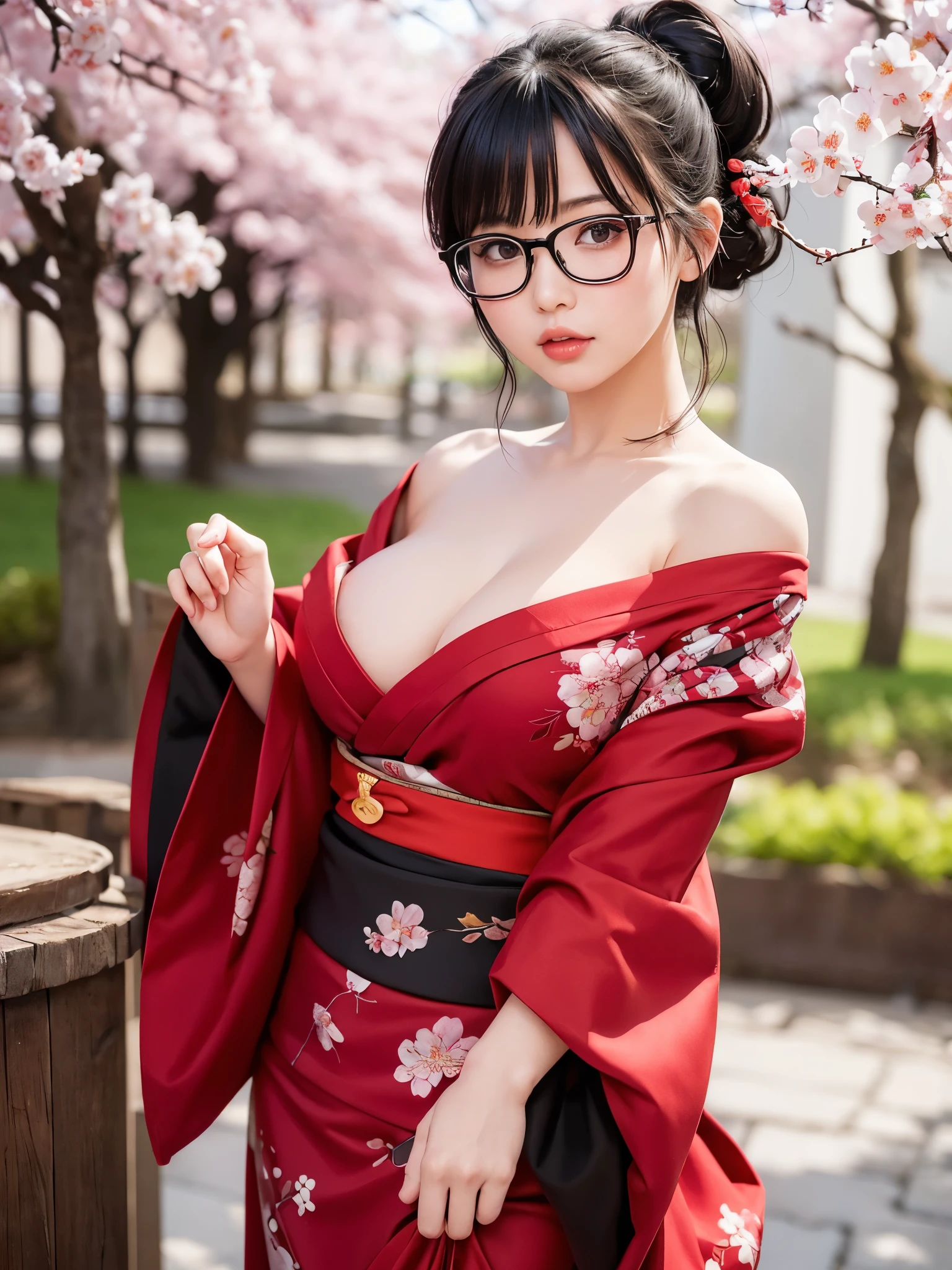 ((master piece))、((super detailed))、((beautiful girl))、(best quality)、(Cherry tree in full bloom)、(looking at the viewer)、(glamorous body)、(realistic black hair)、reflex hair、pout a little、beautiful and fine eyes、big rim glasses、(red kimono、open shoulder、open nipples)