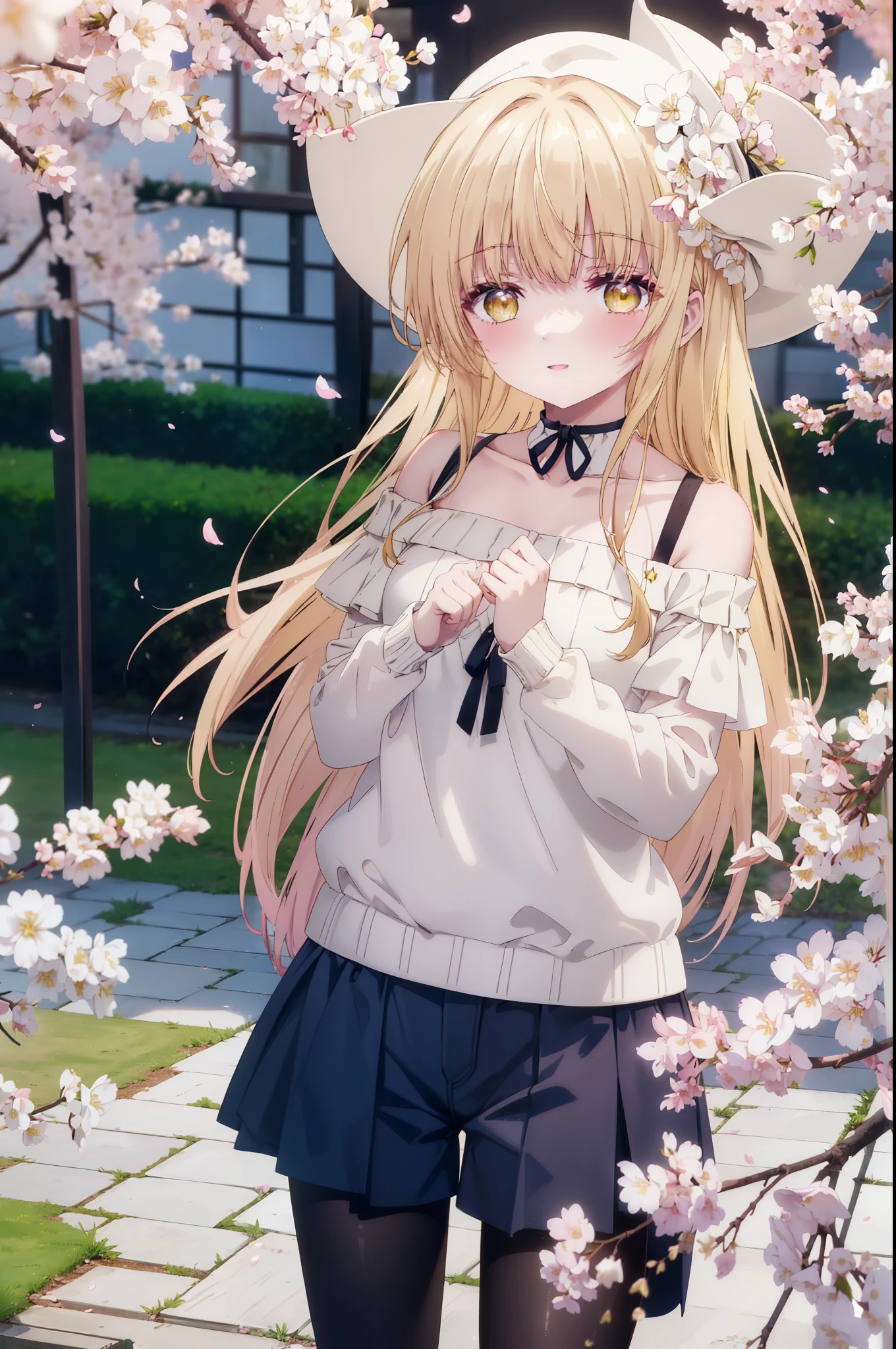 mahirushiina, Mahiru Shiina, long hair, bangs, blonde hair, brown hair, (yellow eyes:1.3), happy smile, smile, open your mouth,Pink off-shoulder sweater,bare shoulders,bare clavicle,naked neck,shorts,black pantyhose,Mini Boots,The cherry blossoms have bloomed,Cherry blossoms are scattered,Cherry blossom tree-lined path,morning,morning日,the sun is rising,whole bodyがイラストに入るように,From the top of your head,
break outdoors, garden,
break looking at viewer, whole body,(cowboy shot:1.5),
break (masterpiece:1.2), highest quality, High resolution, unity 8k wallpaper, (figure:0.8), (detailed and beautiful eyes:1.6), highly detailed face, perfect lighting, Very detailed CG, (perfect hands, perfect anatomy),