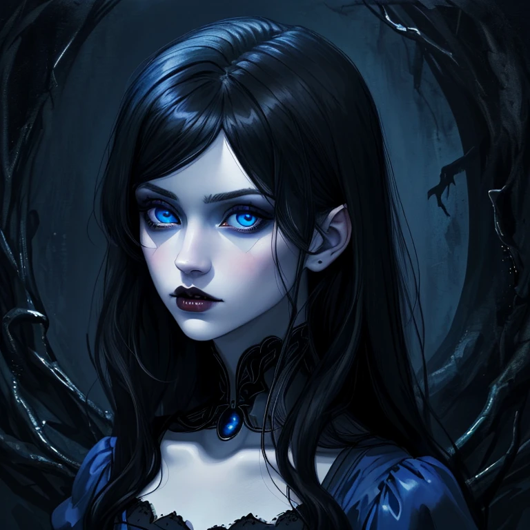 ((Masterpiece)), Very realistic, Portrait of a beautiful vampire with pale skin (Black enamel), Deep dark makeup, Bright blue eyes, In a dark and gloomy environment. (The claim is Portuguese)