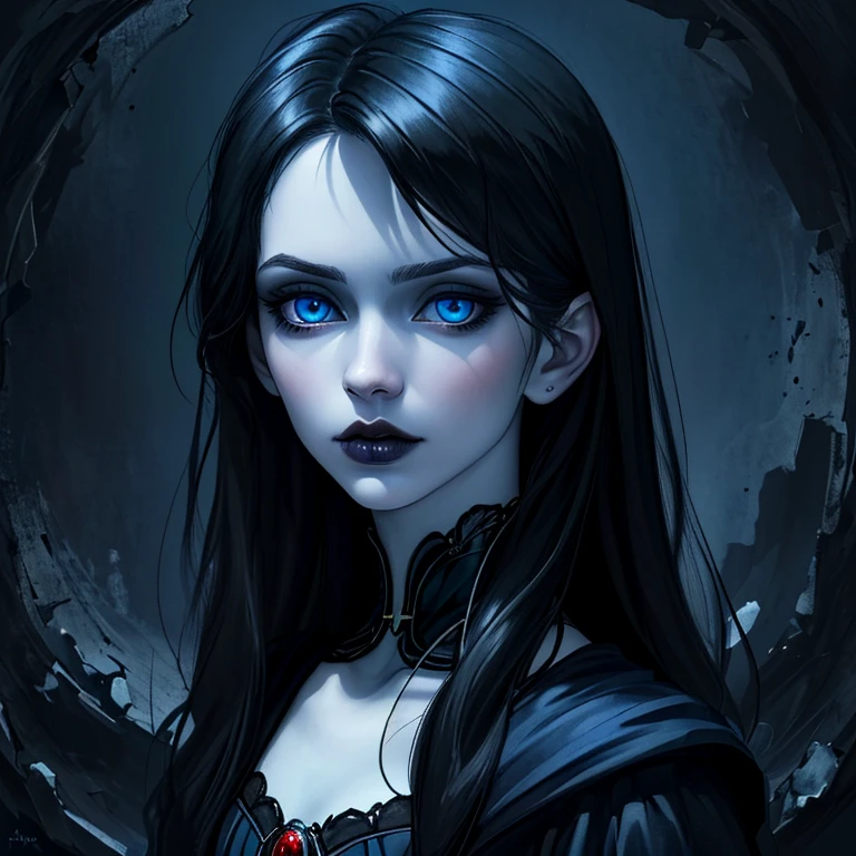 ((Masterpiece)), Very realistic, Portrait of a beautiful vampire with pale skin (Black enamel), Deep dark makeup, Bright blue eyes, In a dark and gloomy environment. (The claim is Portuguese)