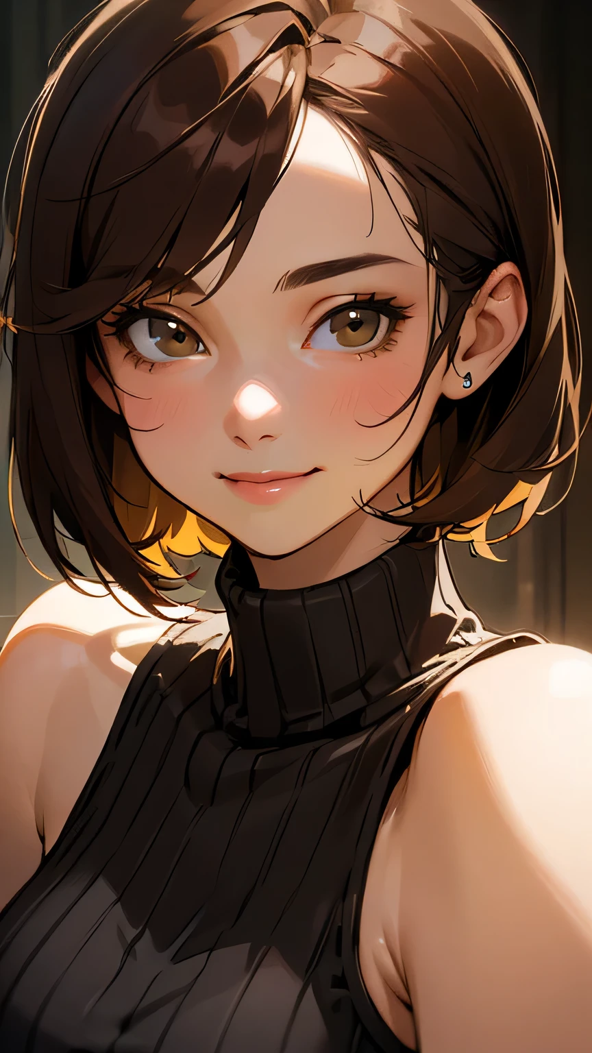 (Best quality, dynamic lighting, highly detailed, HDR) Brown haired young woman, mature, beautiful, bob hair, dark brown eyes, yellow knitted turtleneck, sleeveless, bare shoulder, detailed face, ultra detail, realistic skin pores, close up on face, detailed eyes, smiling.