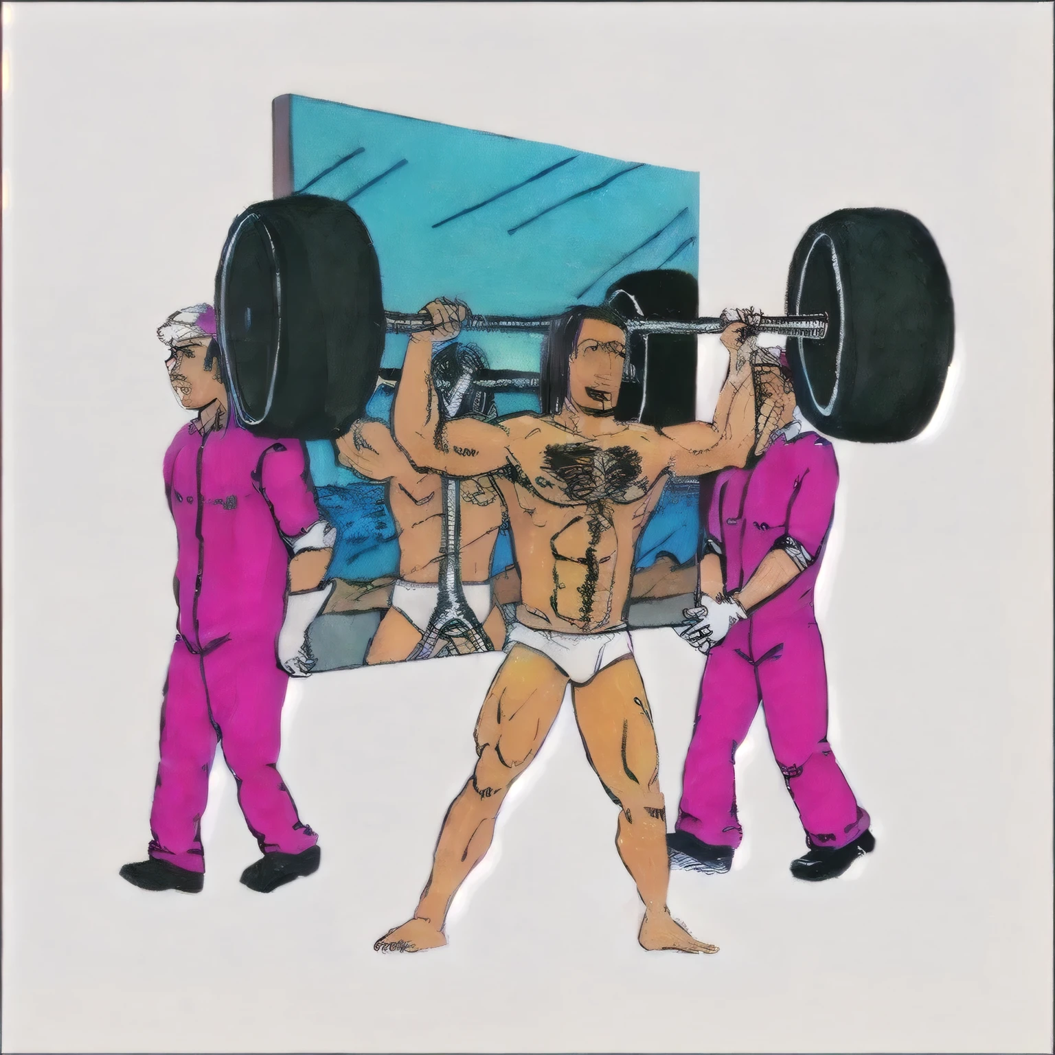 desenho animado de um homem levantando uma barra com outros dois homens, muscular!!, gain 1 0 0 kilos of muscle, levantando pesos, homem forte, homem forte, muscular!, carregando dois halteres, colorful illustration, body is strong and upright, homem musculoso, fisiculturista, ah, big muscles, muscular!!!, personagens musculosos, comic