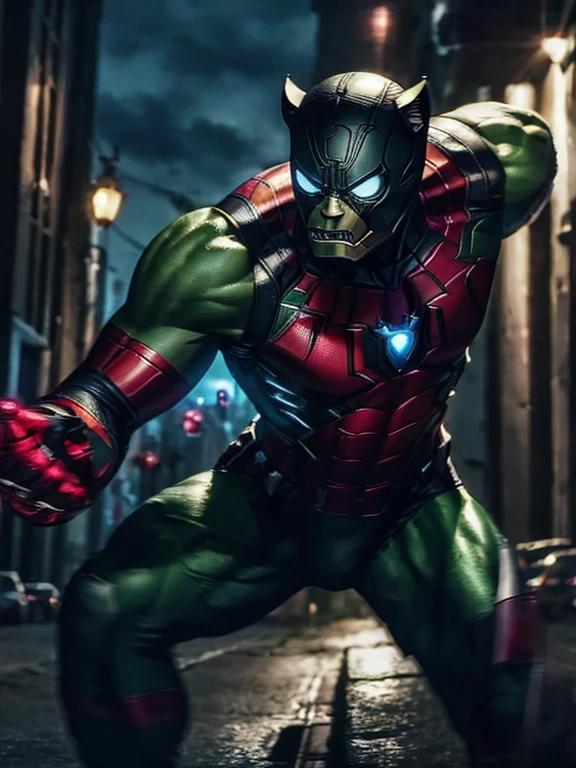 Blend Spider-Man, green hulk, iron Man, black panther and ant Man into one body. Full detail, 10k much more huge than green hulk itself, dramatic fearful, giant 