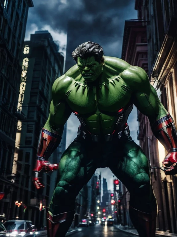 Blend Spider-Man, green hulk, iron Man, black panther and ant Man into one body. Full detail, 10k much more huge than green hulk itself, dramatic fearful, giant 