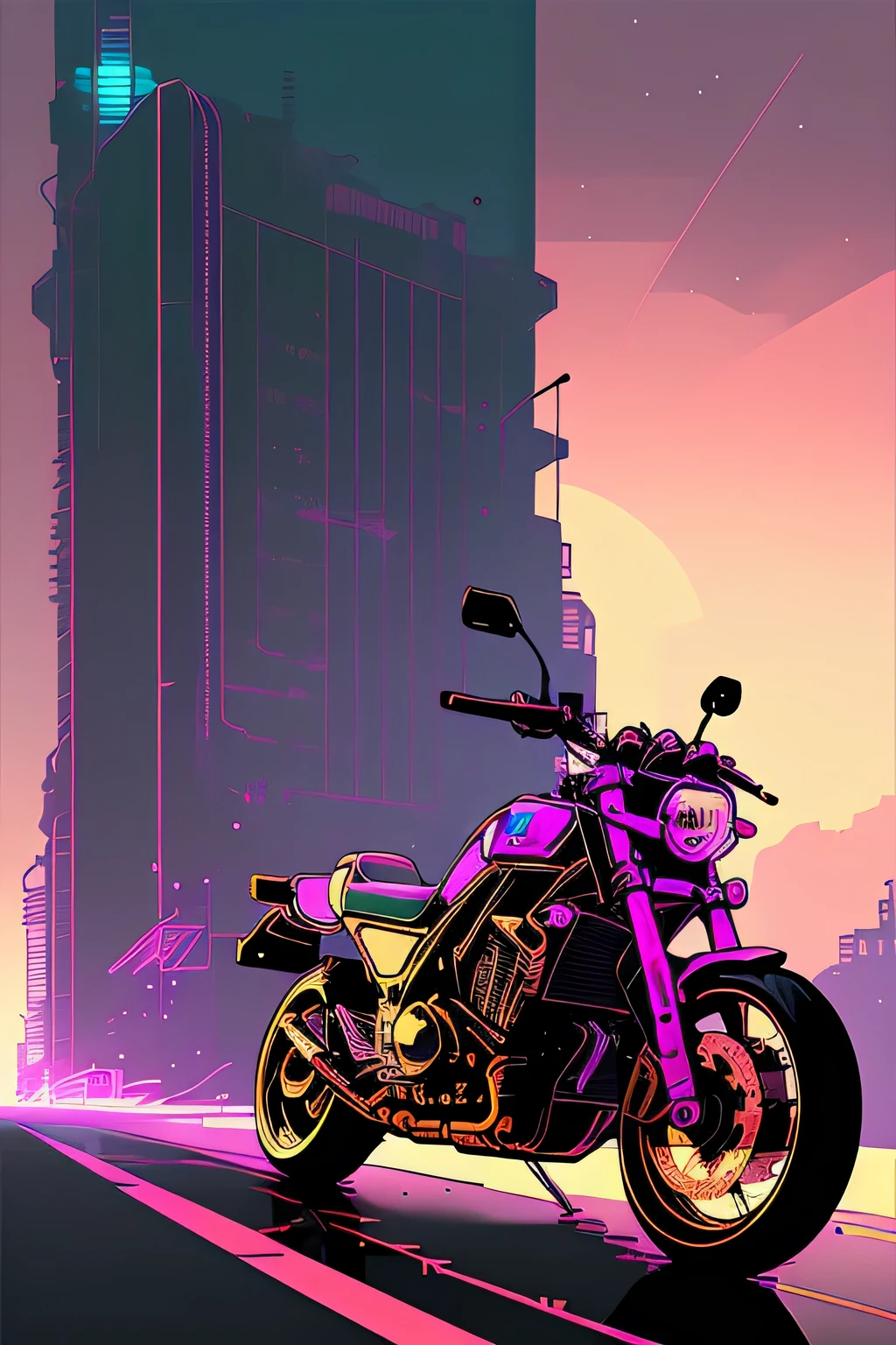 (nvinkpunk:1.2) snthwve style motorcyle, lightwave, sunset, intricate, highly detailed