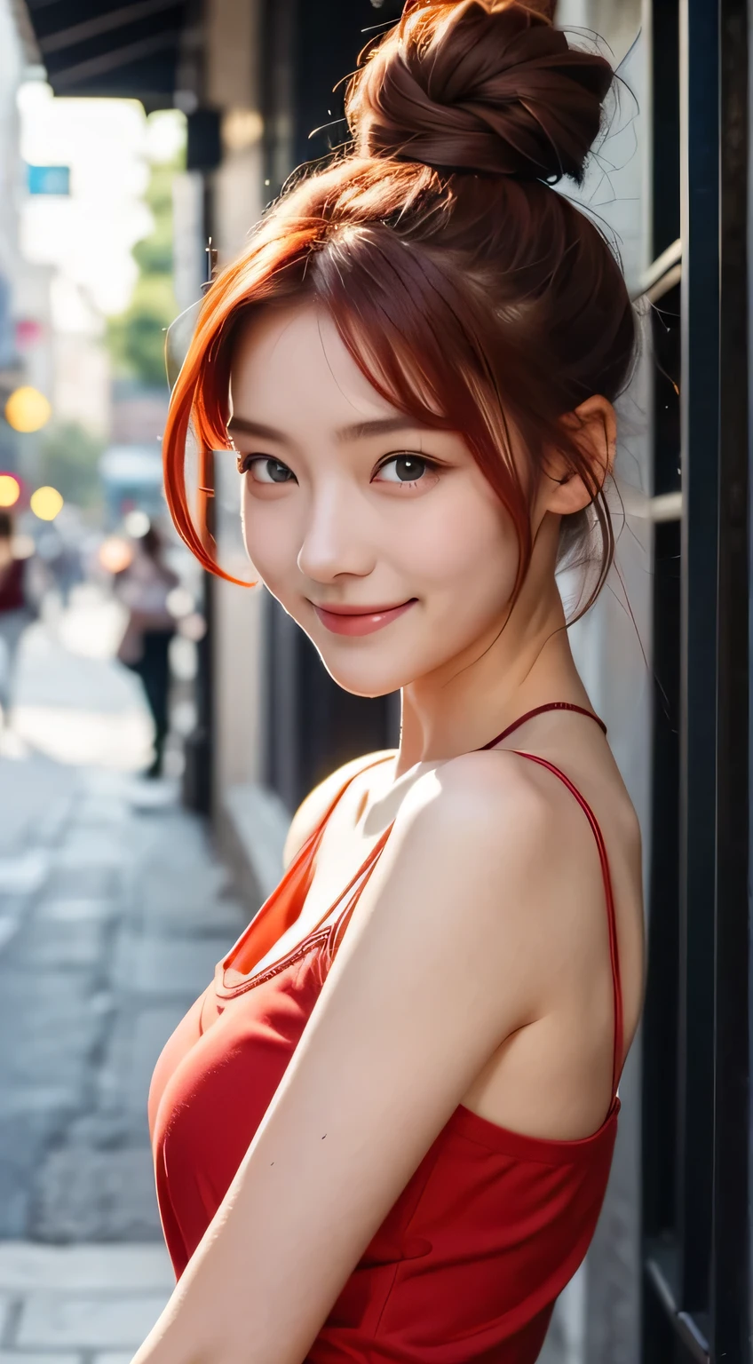 Top quality, 1 beautiful woman, (Bun Hair:1.3), red hair, wearing Camisole, shy-smile, upper body, at street