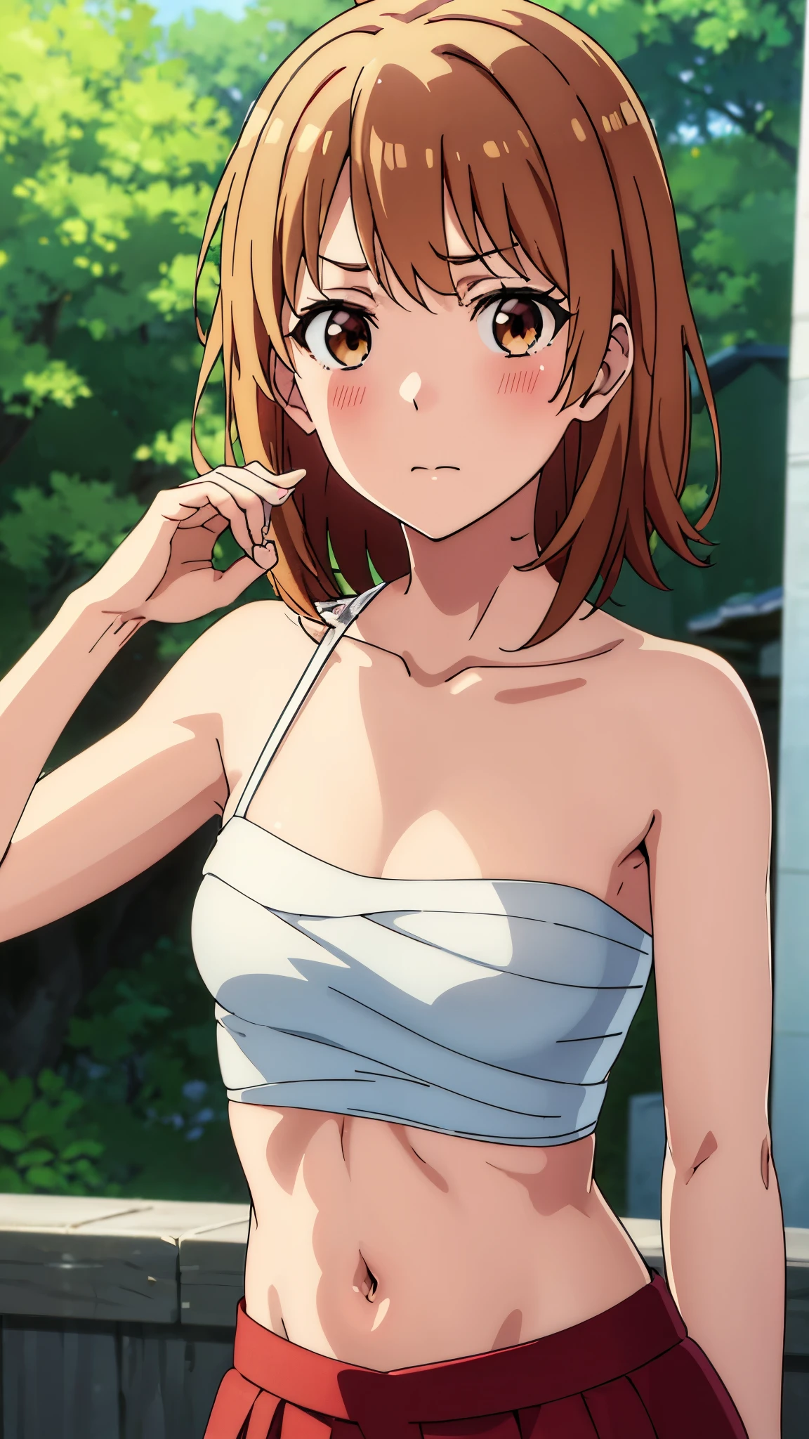 best quality, masterpiece, highres, solo, {shinoda_hajime_newgame:1.15}, brown_hair, short_hair, green_eyes, blush, collarbone, serious, big_forehead, 1girl, anime_coloring, closed_mouth, hair_between_eyes, portrait, bangs, looking_at_viewer, blurry, outdoors