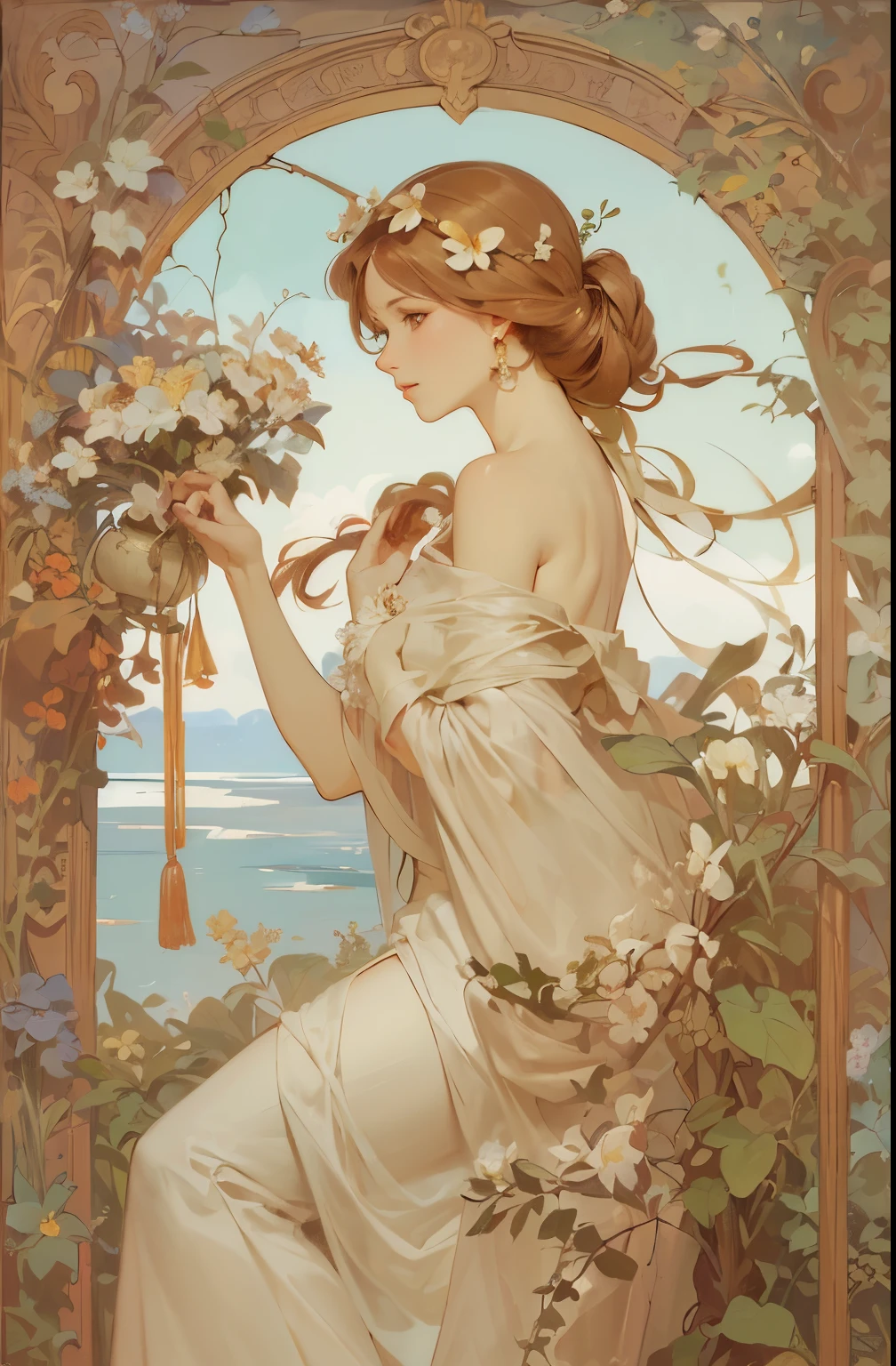 (masterpiece,best quality),(beautiful background:1.2),(8k,high-res,detailed),(poster),flat shading:1.4,
Alphonse Mucha,
(solo:1.2),a woman,hair with flowers,bare shoulder,small face:1.5,
Chubby,flower,Moonlight, Iris sanguinea