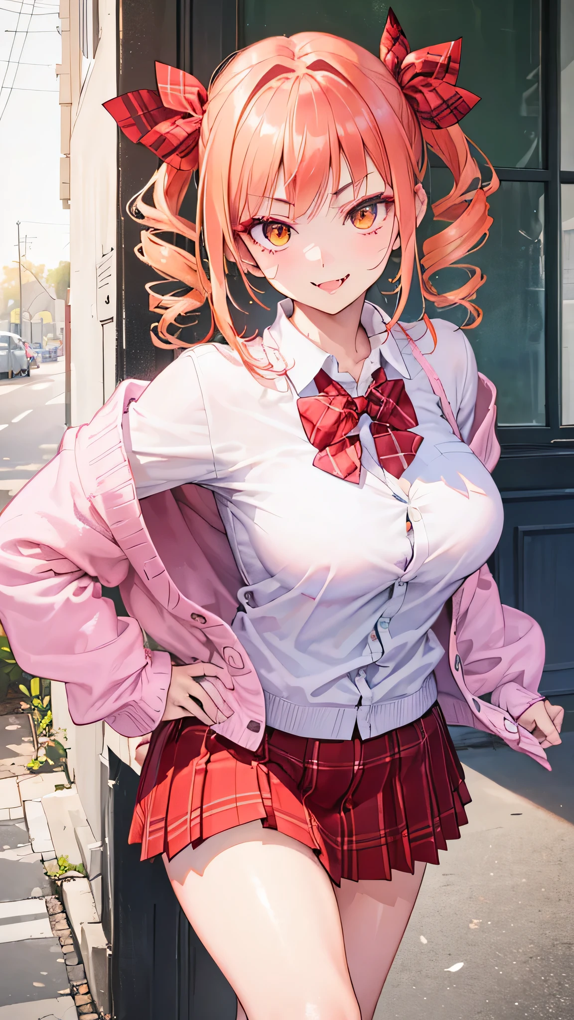 (masterpiece:1.2, top-quality), (realistic, photorealistic:1.4), beautiful illustration, looking at viewer, front view:0.6, 1 girl, high school girl, bangs, yorigami jo'on, double drill hairs, orange hair, orange eyes, large breasts:0.8, (thick thighs), beautiful hair, beautiful face, beautiful detailed eyes, beautiful clavicle, beautiful body, beautiful chest, beautiful thigh, beautiful legs, beautiful fingers, (beautiful scenery), sidewalk, ((pleated mini skirt, socks, red private school uniform:1.2, light pink cardigan, red plaid pleated skirt, red plaid bow tie, red plaid hair ribbon)), pink panties, (swollen), ((seductive posture: 1.2, attractiveness: 1.2)), (idle), (erotic, sexy, upper eyes, makeup, smile, seductive smile, fangs, fang out, v-shaped eyebrows, smug, skin fang, red lips, troll), shiny skin, perfect face, cute and symmetrical face, natural side lighting, movie lighting), walking, gyaru, voluminous eyelashes, glaring, cowboy shot