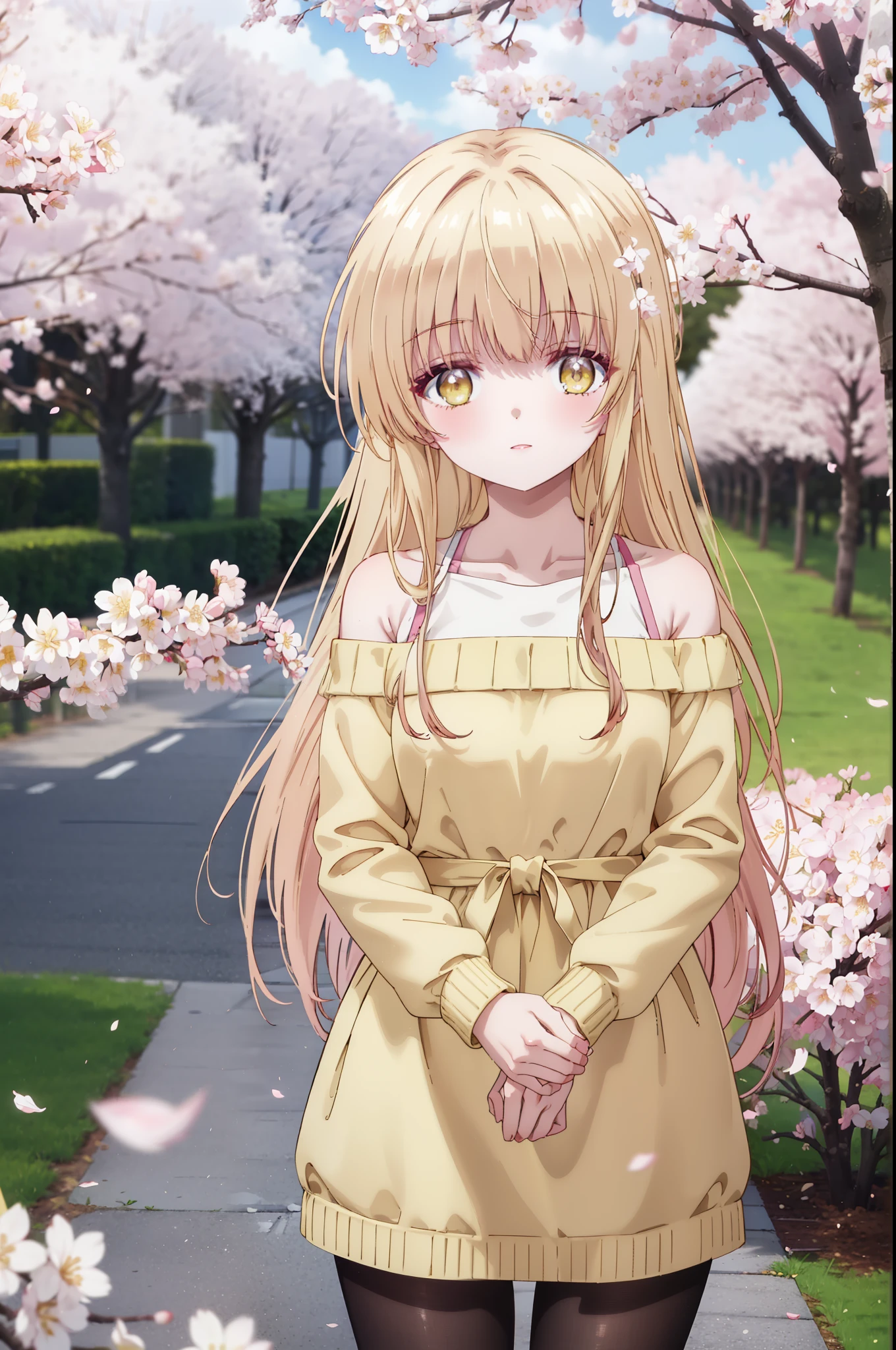 mahirushiina, Mahiru Shiina, long hair, bangs, blonde hair, brown hair, (yellow eyes:1.3), smile,blush,Jacket,The front is open,Pink off-shoulder sweater,bare shoulders,bare clavicle,naked neck,shorts,black pantyhose,Mini Boots,The cherry blossoms have bloomed,Cherry blossoms are scattered,Cherry blossom tree-lined path,morning,morning日,the sun is rising,So that the whole body goes into the illustration,From the top of your head,
break outdoors, garden,
break looking at viewer, (cowboy shot:1.5),
break (masterpiece:1.2), highest quality, High resolution, unity 8k wallpaper, (figure:0.8), (detailed and beautiful eyes:1.6), highly detailed face, perfect lighting, Very detailed CG, (perfect hands, perfect anatomy),