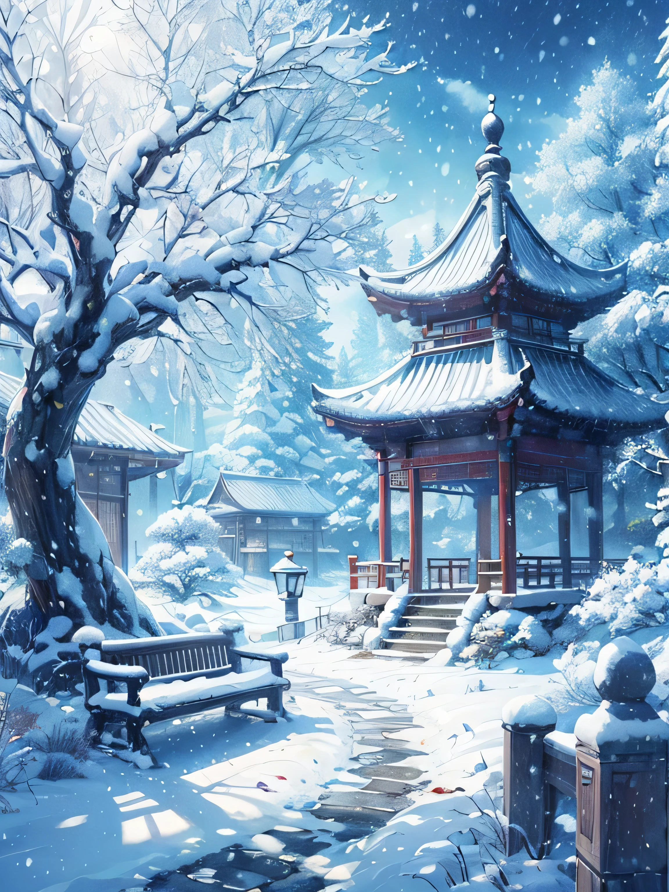 Draw an anime Snowy scene with a tree and a bench in the foreground, beautiful snowy landscape, fantasia de cena de inverno, snow landscape background, snow landscape, snow landscape, Winter in the snow, Snowy winter scene, winter setting, Snowy winter, mystic winter landscape, winter park background, winter landscape, beautiful winter area, Chinese-style painting, winter time, Zen temple background, Snowy Land