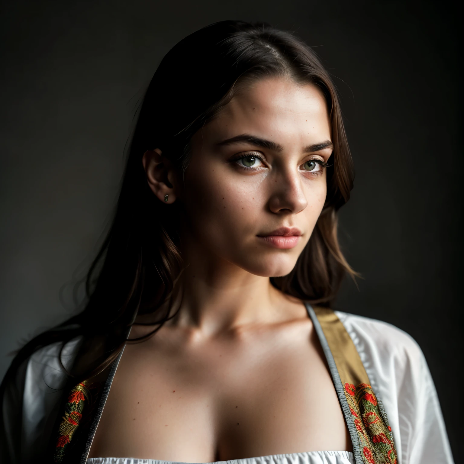 Photorealistic, ultra-detailed, Ukrainian girl, wearing traditional vyshyvanka shirt (exposing subtle cleavage), portrait photo, solo, looking intensely into the camera, dramatic lighting scene, low key, moody, late evening, autumn colors, essential of Ukrainian culture, long dark hair with intricate embroidery details, 19 years old, expressive eyes with deep emotions, high resolution, Masterpiece, Best quality, intricate high detail, highly detailed, Sharpe focus, Detailed skin, realistic skin texture, texture, professional, 4k, dramatic shadow play, shot on Nikon, 50mm, selective focus, Kodak Tri-X