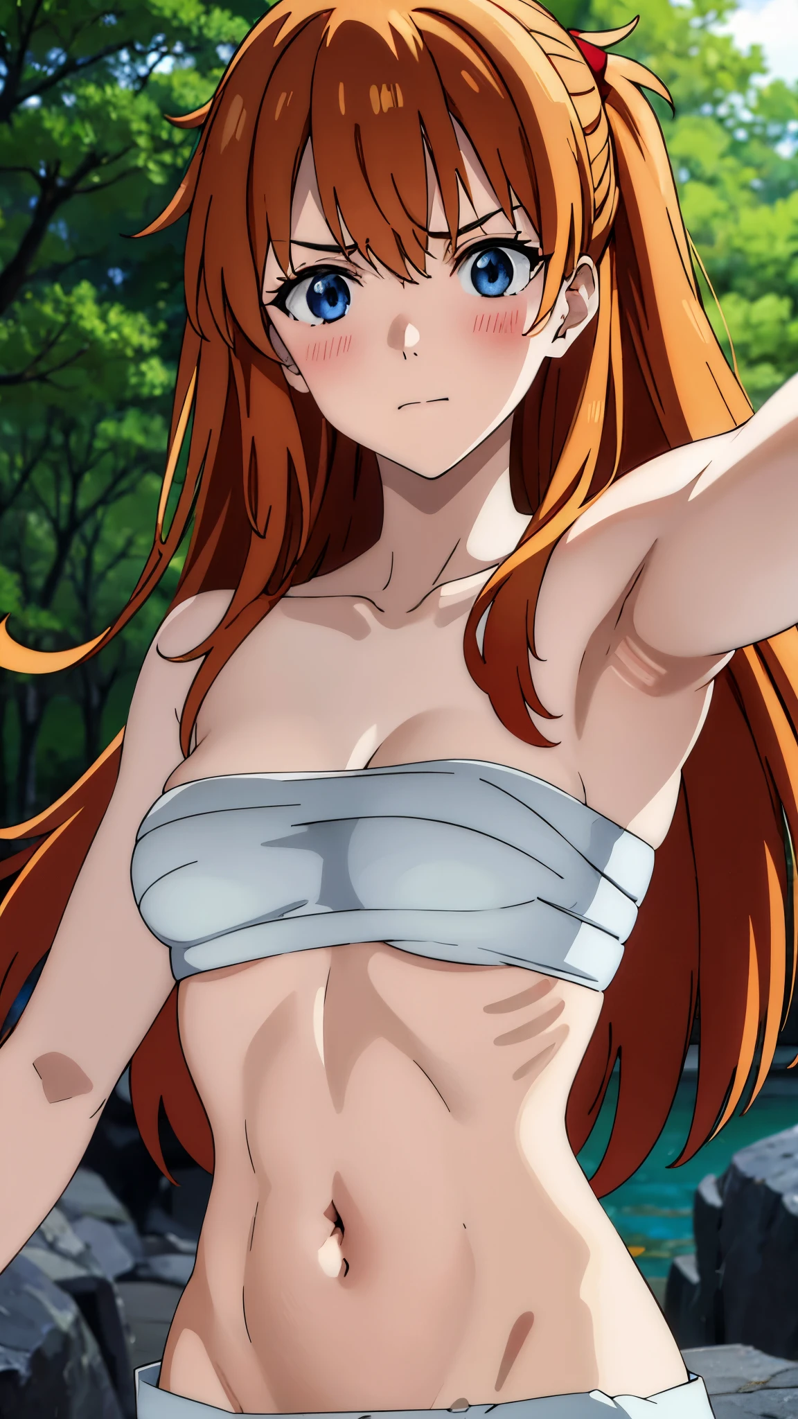 asuka langley soryu, masterpiece, highres, solo, 8k, detailed, perfect face, best quality, (ultra high quality), (looking at viewers), (armpit), collarbone, bare arms, bare shoulders, small breast, cleavage, orange hair, long hair, hair ornament, blue eyes, belly, stomach, navel, abs, sarashi chest, bandaged breast, (red hakama), slim body, upper body, closed mouth, blush, at forest, hand up