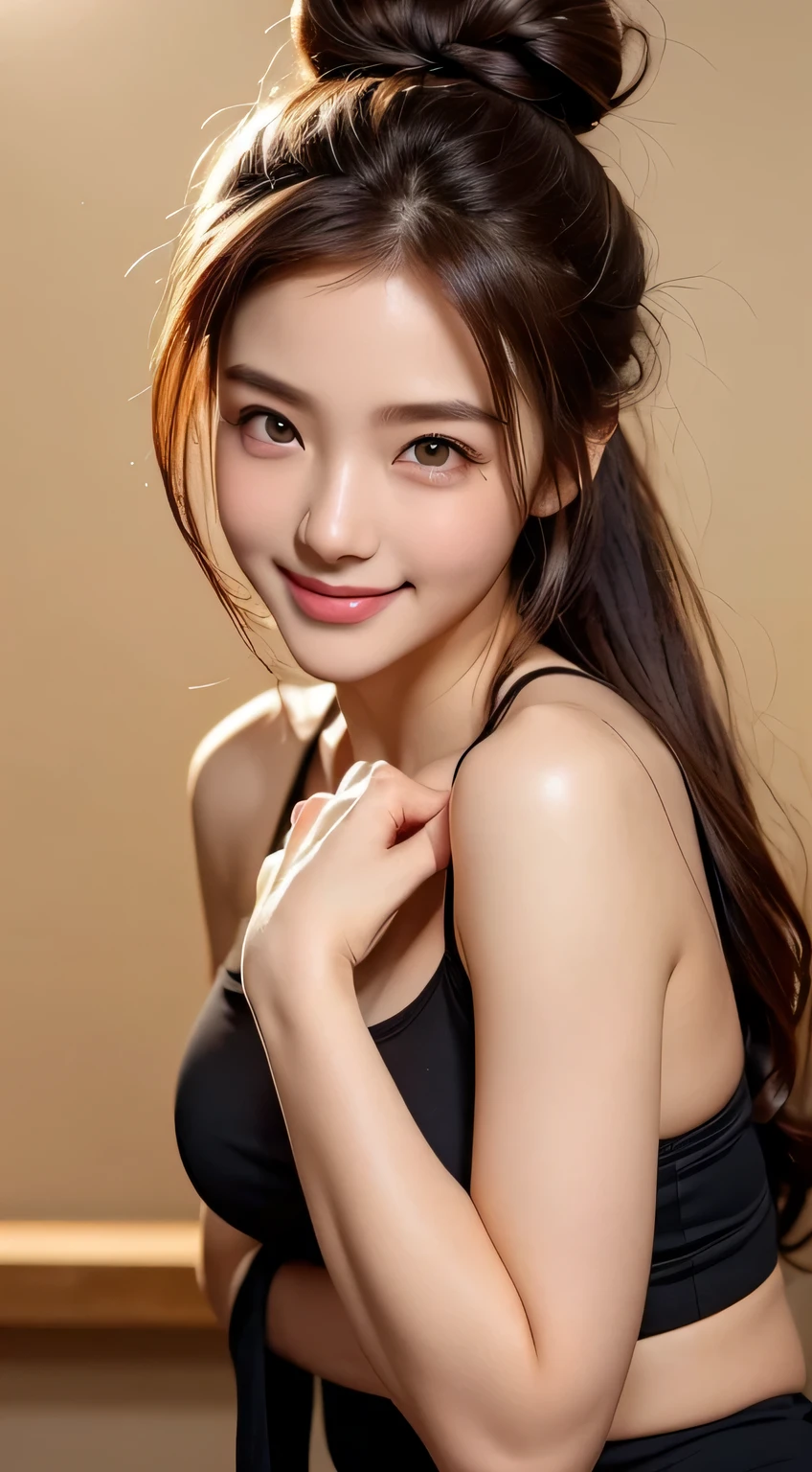 Beautiful woman、body portrait、16k、fine and beautiful eyes、Dindal effect、masterpiece、最high quality、high quality、High resolution、Very detailed photos、(natural skin texture、fine skin、hyper realism、Super Sharpness)、high detail skin 、(very fine、fine skin texture、intricate details、beautiful face、japanese idol、(lifelike face)、realistic eyes、beautiful and detailed eyes、Training at the fitness gym、Top quality, 1 beautiful woman, (Bun Hair:1.3), red hair, wearing Camisole, shy-smile, upper body, at streetポニーテール、realistic skin、tanned skin、Black glowing skin、beautiful skin、big breasts、G cup、big breasts、glamorous、Glossy skin、Greasy muscles 、daytime、surreal、very detailed、golden ratio、smiling eyes、Body Portrait、full body shot:1.5,professional photographer、professional lighting、