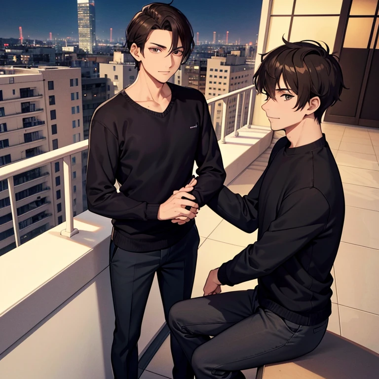 On a balcony on the 6th floor of a hotel there is a couple of gay men, one of the men is leaning on his back on the balcony, he also has his elbows leaning on the balcony, esta mirando al segundo hombre, has brown hair, ojos azules, He is wearing a black and white striped sweater and black cargo pants with converse and is 15 centimeters smaller than the second man., The second man is cornering the first man and has his hands leaning on the balcony almost hugging the first man while looking at the first man., viste un traje de vestir elegante, tiene el cabello negro y mide 1,95 and to finish the romantic scene it is night