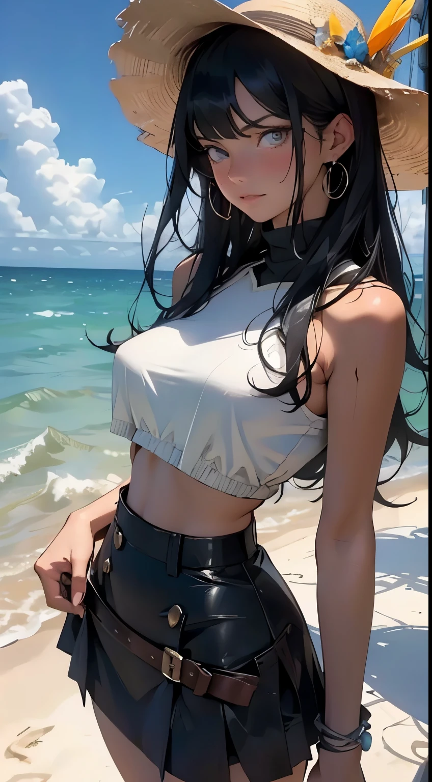 Nico Robin at the beach, large breasts, slim body, tall, sexy, fringe, perfect eyes, long black hair, mini skirt, country skirt, seductive, smirking, tanned, lighting, shades, best quality, masterpiece, beautiful, high resolution, ultra detailed, photorealistic, worked textures, intricate art, country outfit, country hat, thick outlines, sun shinning over head.