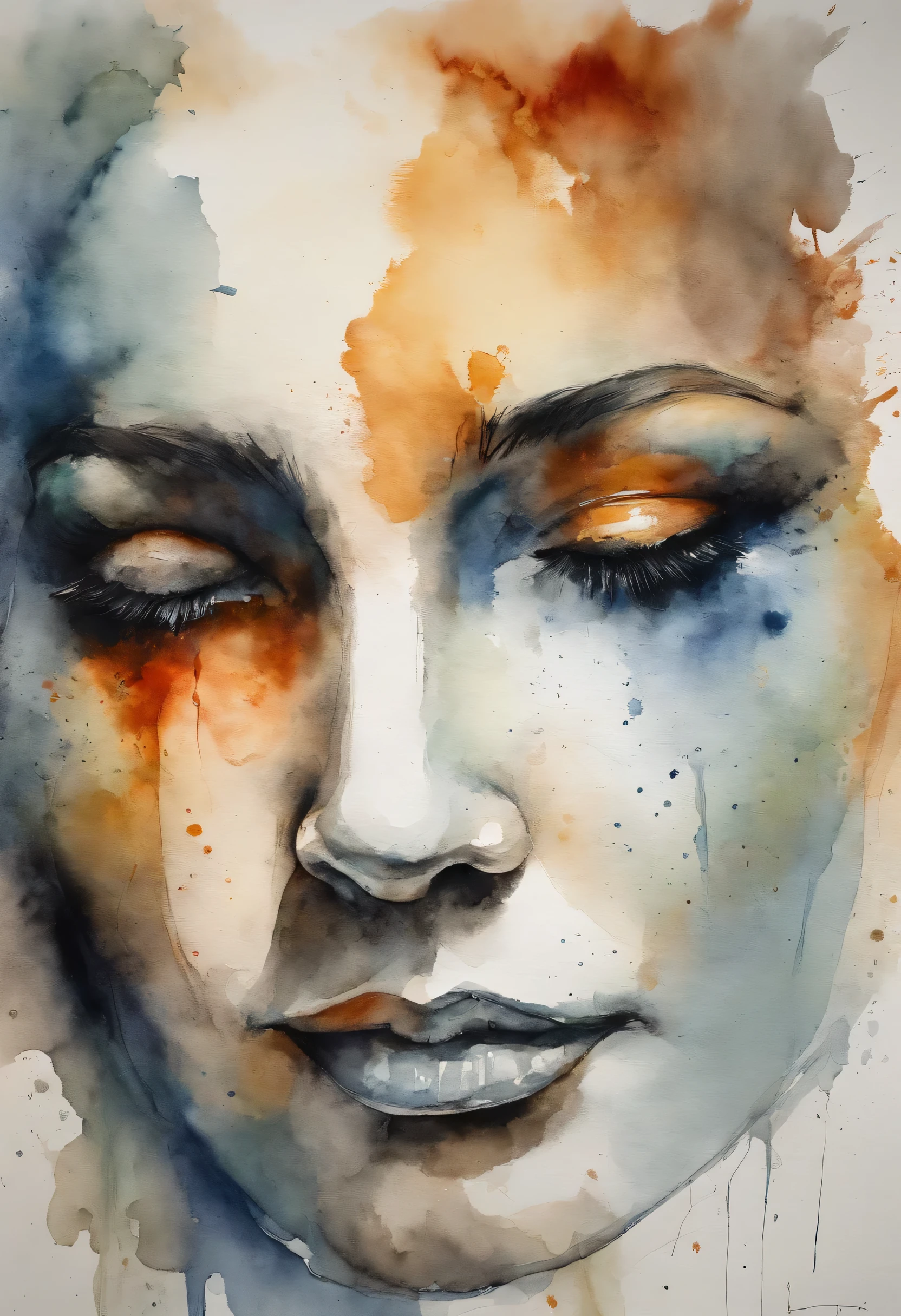 An enlarged view of a woman's face, In Farben eingefangen , Ihre Augen blicken den Betrachter mit einem intensiven Ausdruck direkt an, Her facial features were marked by a sense of mystery and attraction, umgeben von Nebelschwaden, Add an ethereal touch, Bildhauerei, aus Marmor geschnitzt