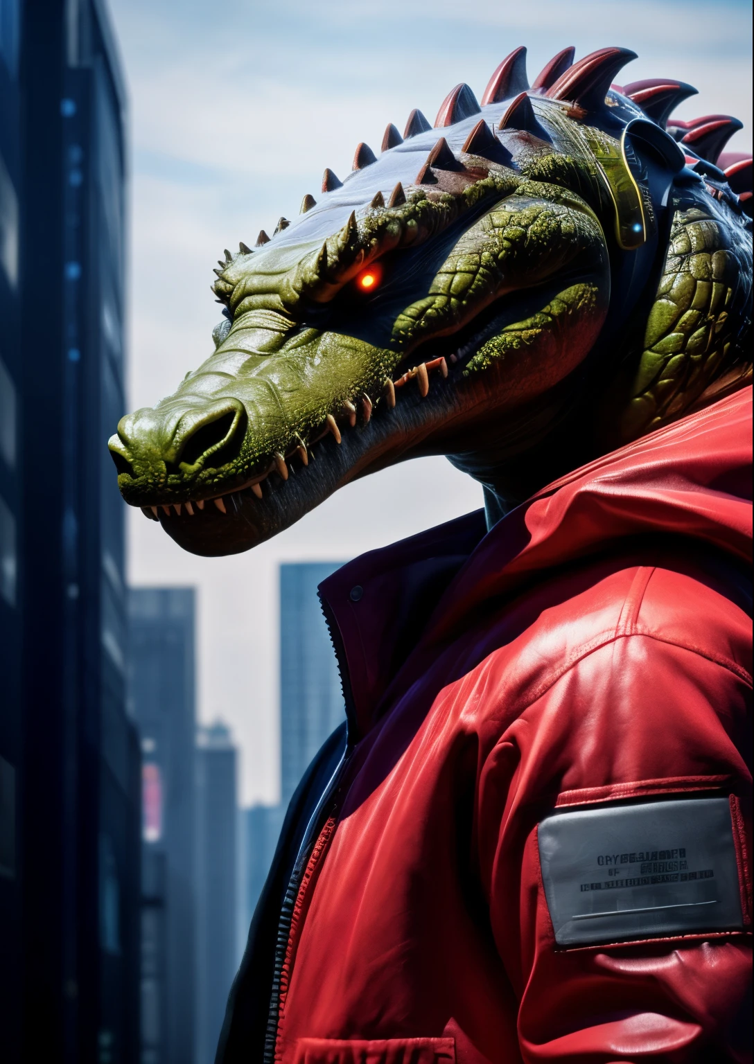 SIDE VIEW,  Epic, city, Biogen, ((((cyber)))), (angry crocodile in a red jacket ),Real,detailed,detailed eyes,detailed face,Best quality,professional photo,photoRealism,high quality,volume,ray tracing,HDR,4K,8 k,absurd resolution,maximum shading,((masterpiece)) ,   