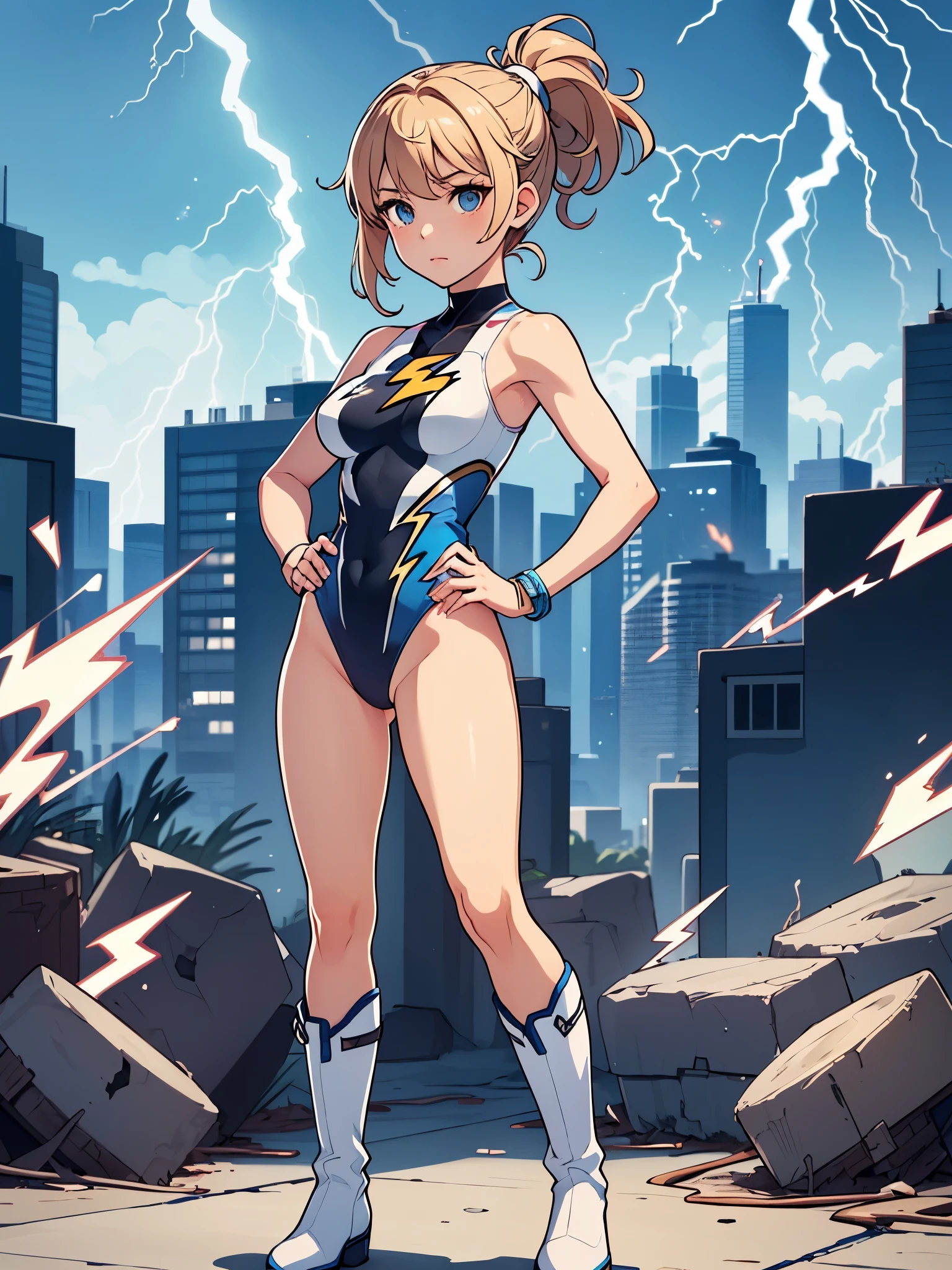 1girl, tall body, light blonde hair, aquamarine eyes, boots, breasts, bracelets, full body, hair ornament, ((shoulder-length hair, ponytail, bangs)), full body with costume, ((leotard, perfect leotard, gymnast_outfit leotard, white leotard with blue accents, bare legs)), hi-tech shoulder pads, (white boots), medium breasts, perfect hands, complete fingers, perfect anatomy, perfect proportions, solo, solo focus, superhero, ((lightning logo on chest)), beautiful detailed eyes, beautiful detailed face, age 18, asuka suit, full body portrait, body infused with electricity, diffraction spikes, heroic, standing straight, hands on hip, cowboy shot, city backdrop
