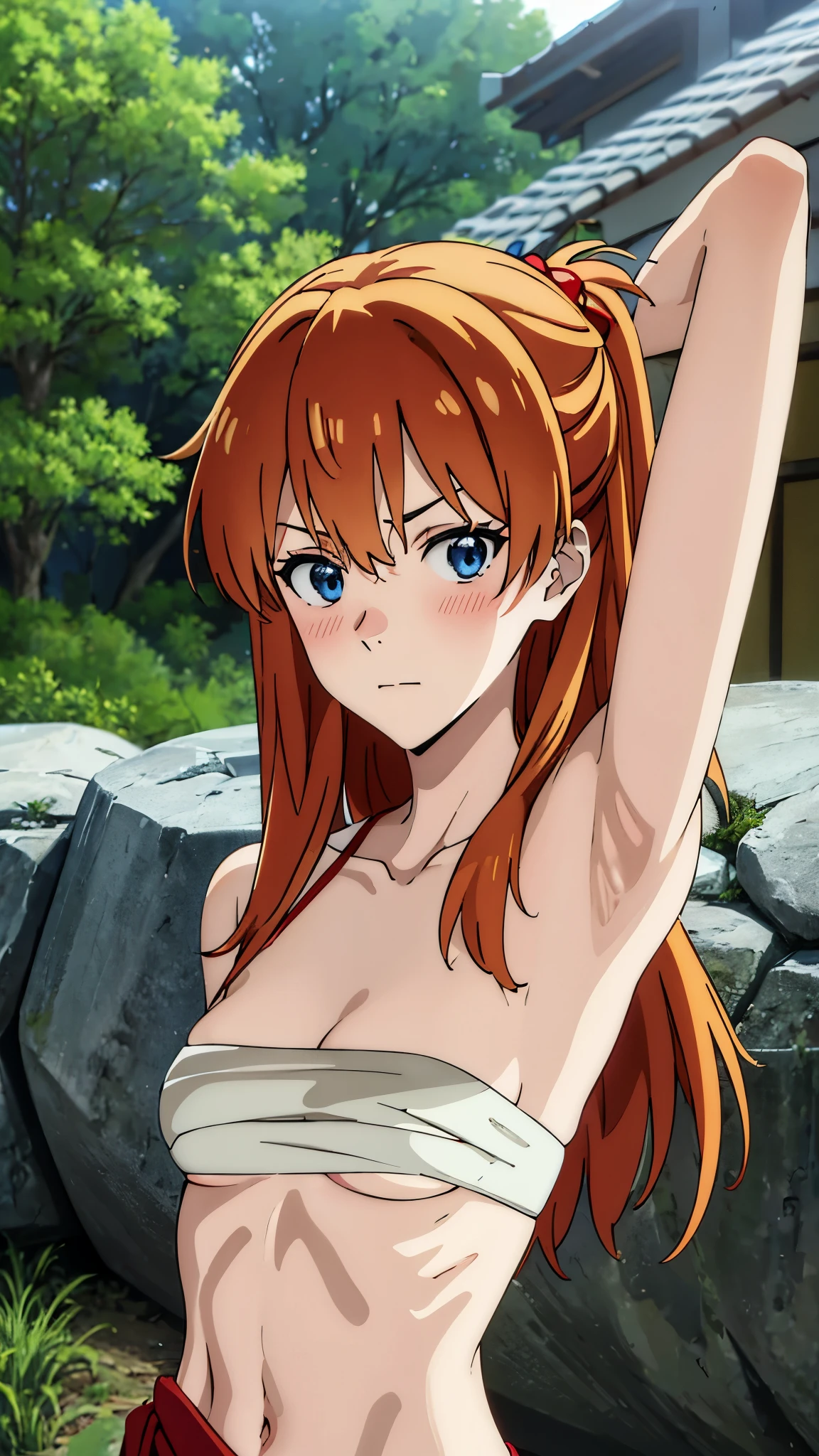 asuka langley soryu, masterpiece, highres, solo, 8k, detailed, perfect face, best quality, (ultra high quality), (looking at viewers), (armpit), collarbone, bare arms, bare shoulders, small breast, cleavage, orange hair, long hair, hair ornament, blue eyes, belly, stomach, navel, abs, sarashi chest, bandaged breast, (red hakama), slim body, upper body, closed mouth, blush, at forest, hand up