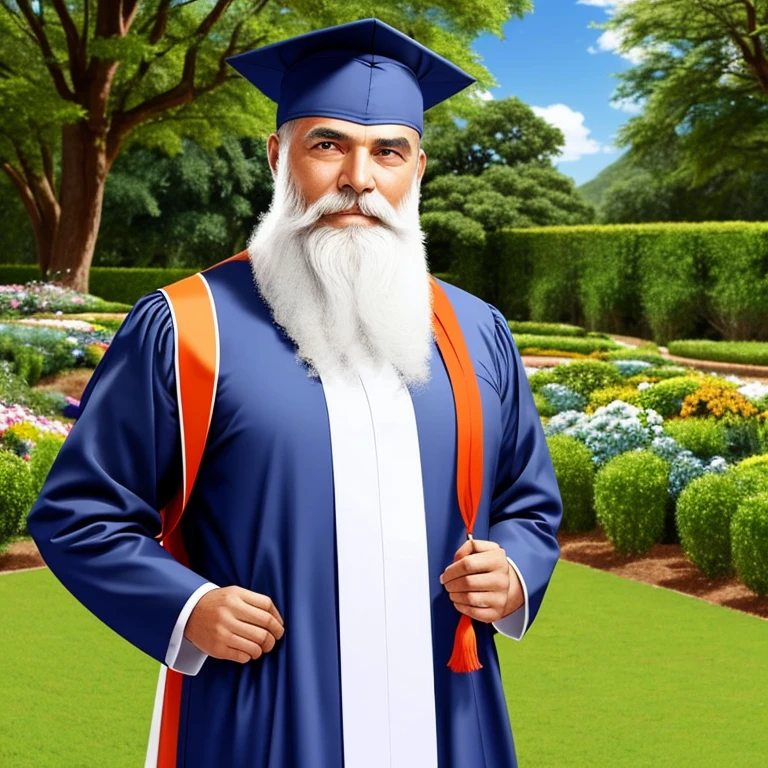 Wizard with a very long white beard wearing a navy blue graduation cap and an orange tunic