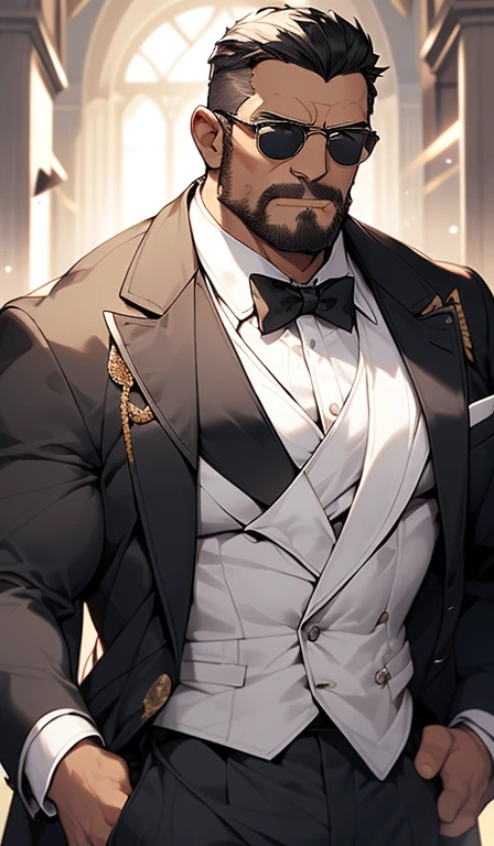 dad，uncle，strong，black sunglasses，black hair，white fur，black suit，Fashion，Domineering