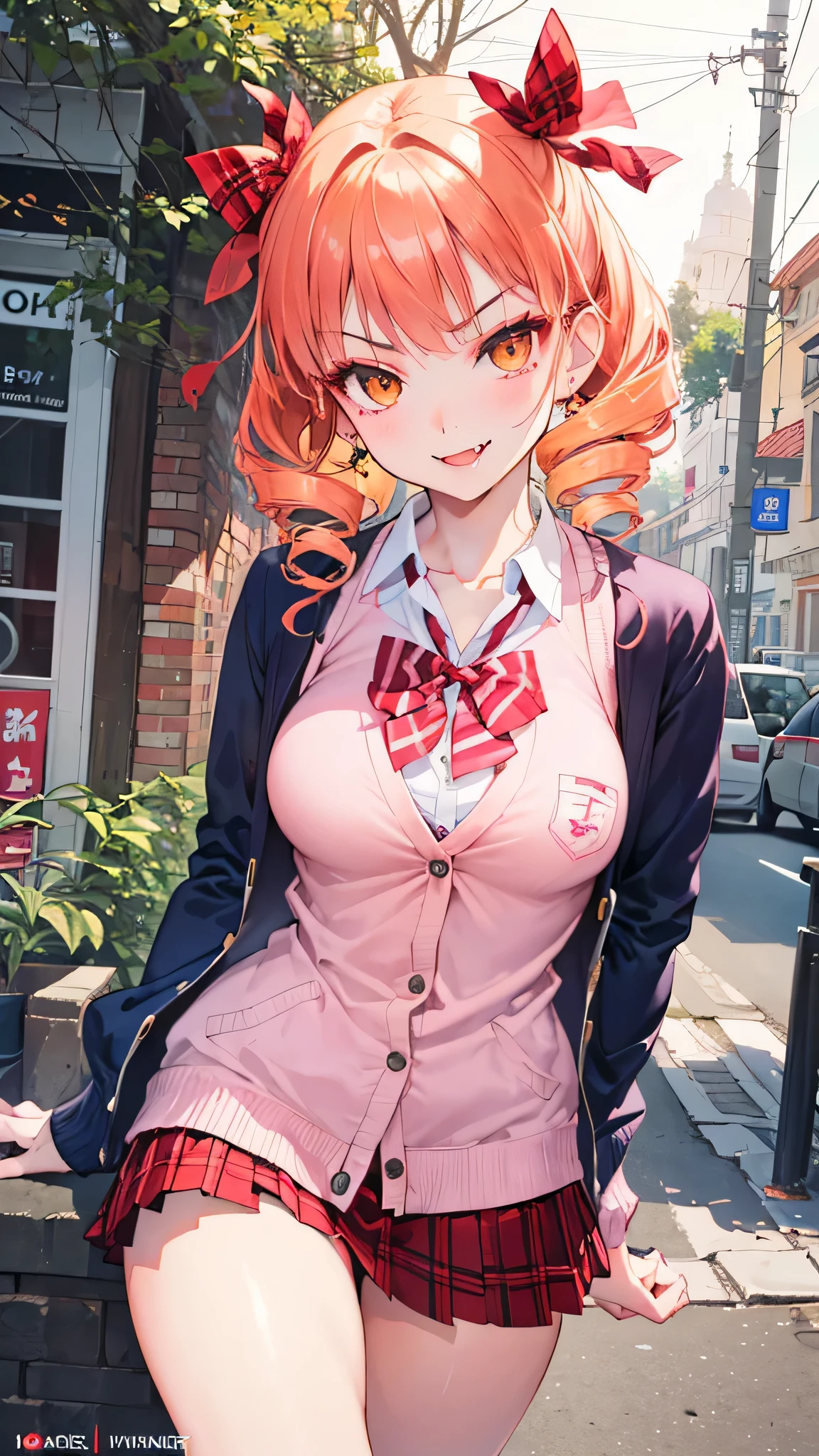 (masterpiece:1.2, top-quality), (realistic, photorealistic:1.4), beautiful illustration, looking at viewer, front view:0.6, 1 girl, high school girl, bangs, yorigami jo'on, double drill hairs, orange hair, orange eyes, large breasts:0.8, (thick thighs), beautiful hair, beautiful face, beautiful detailed eyes, beautiful clavicle, beautiful body, beautiful chest, beautiful thigh, beautiful legs, beautiful fingers, (beautiful scenery), sidewalk, ((pleated mini skirt, socks, red private school uniform:1.2, light pink cardigan, red plaid pleated skirt, red plaid bow tie, red plaid hair ribbon)), pink panties, (swollen), ((seductive posture: 1.2, attractiveness: 1.2)), (idle), (erotic, sexy, upper eyes, makeup, smile, seductive smile, fangs, fang out, v-shaped eyebrows, smug, skin fang, red lips, troll), shiny skin, perfect face, cute and symmetrical face, natural side lighting, movie lighting), walking, gyaru, voluminous eyelashes, glaring, cowboy shot