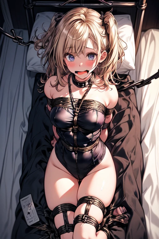 masterpiece, highest quality, High resolution, SA1, floral off shoulder dress, black stockings, sparkling eyes, false eyelashes, twin tails, cute atmosphere, cute and blushing 18 years old anime girl, look away because she is embarrassed and blushes, bright blue eyes, detailed face, detailed members, detailed arms, detailed hands, Girl lying, tied by chains, shackled, can no longer move, tied tightly, very hard tied up with lots of chains, hampered by so many chains that she can no longer move, bound hands and feet, chains tie his whole body, tied extremely tightly and forcefully to her bed by a lot of chains, its limbs are strongly tied together by chains, his torso is tied up with thick cords, her chest is so tied up with chains that it sticks out, her legs are tied tightly with thick chains, his hands are tied behind his back with chains, she can no longer move her feet, her hands which are tied by thick chains, she desperately tries to free herself, likes to be tied tight with big chains, likes to be immobilized by big chains, lying down, his hands and feet are strongly tied to the railing of his bed, his legs are pressed together and tied with chains, its limbs are held vigorously by imposing chains, her hands are tied securely behind her back by chains, her chest is compressed by strong chains, she is pressed against her bed and restrained by large chains (shibari, arms behind the back:1.4), (hands on the back), (masterpiece, best quality) 1.5, 1girl, solo, (sexy, beautiful woman, perfect face, perfect eyes, perfect hands), samus aran, (shibari, arms behind the back:1.4), (hands on the back), Spread the legs, s' ((lie in bed by big chains)), ((close up of the girl)), ((((lie in bed))))
