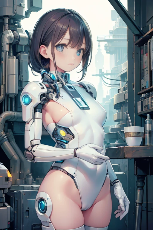 (realistic:1.4), (Raw photo)table top, highest quality, very detailed, (realistic:1.4), (8K, 4k, highest quality, High resolution, 超High resolution:1.1), 8K portrait,1 girl, Japanese アンdroid gid,Plump , announcer,Control panel,アンdroid,droid,mechanical hand, ,robot arms and legs, black hair,Machine body,dull bangs,white robot parts,perfect robot woman,charging spot,long tube,A thick cable was connected to his neck...,ceramic body ,Machine body, mechanical ear covers,アンdroid,robot humanoid,a little chubby,panties,full eyes,perfect machine body,white robot body,laboratory of the future,アンdroid factory,mechanical ear covers,white and light blue uniform,aqua accent costume,