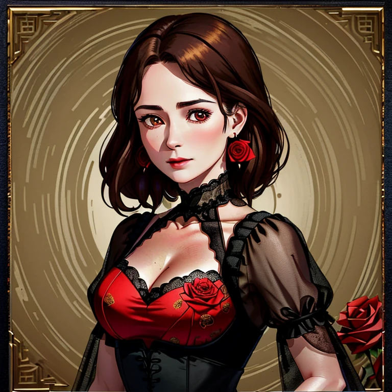 8k, Raw image, Fujifilm, Stereotype of a beautiful 45 year old woman, Square face, Red rose on the neck, Wear a black lace dress with red, Gold earrings, Powerful features like rotating dove, (Highly detailed skin: 1.2), Medium brown hair with highlights, Film grains, 35 mm, Cute Style