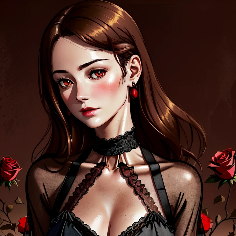 8k, Raw image, Fujifilm, Stereotype of a beautiful 45 year old woman, Square face, Red rose on the neck, Wear a black lace dress with red, Gold earrings, Powerful features like rotating dove, (Highly detailed skin: 1.2), Medium brown hair with highlights, Film grains, 35 mm, Cute Style