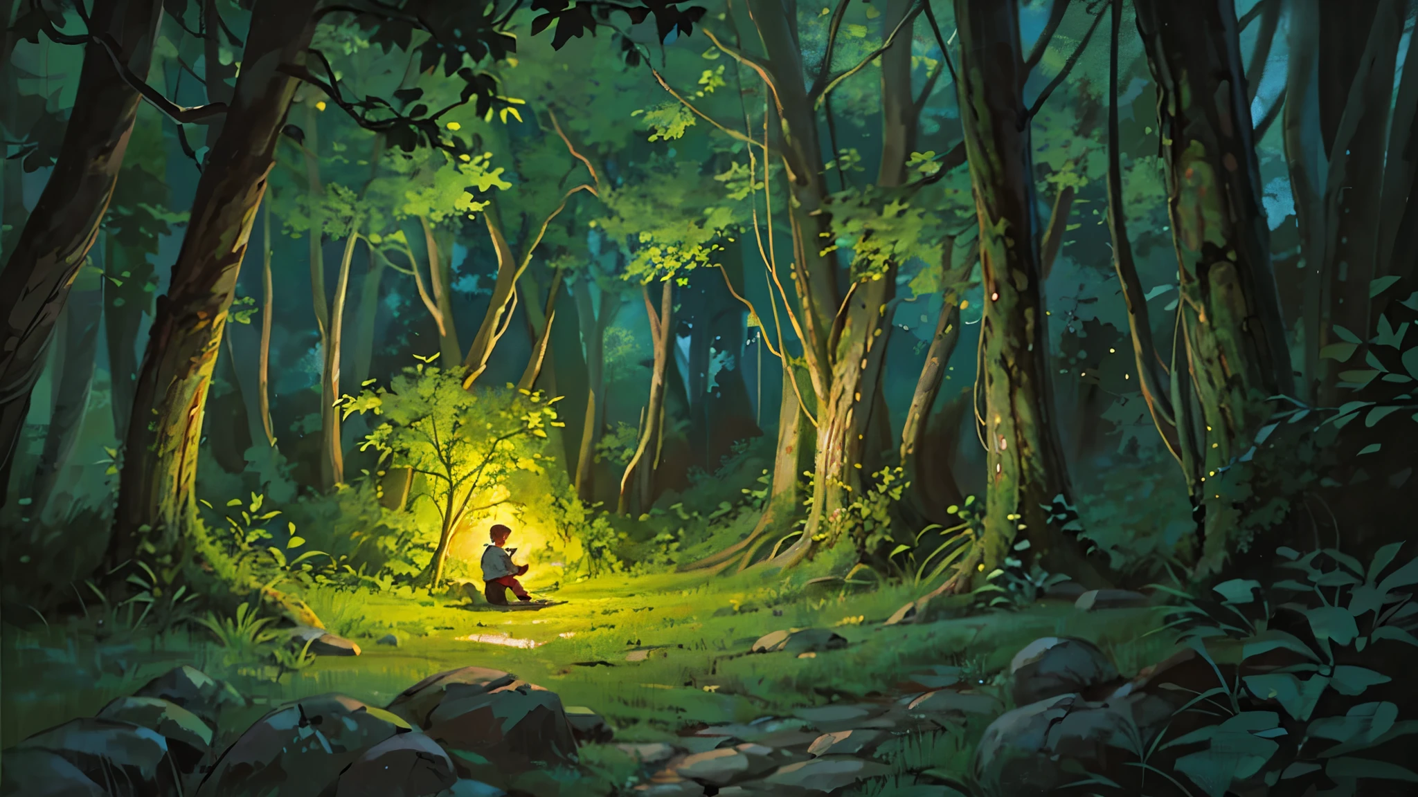 ((At night)), Dark jungle landscape, a small lake, a boy sit next to a fire place