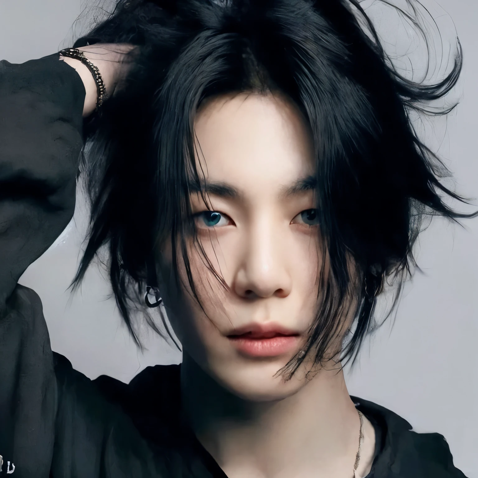 um close de uma mulher com uma camisa preta e um colar, sui ishida com cabelo preto, cute japanese demon boy, com cabelo curto, ****** tem cabelo preto curto, Um homem bonito，cabelo curto preto, por Hiro Yamagata, yuuki hagure, Jimin, Toru Furuya, Fukaya Yuichiro, accurate Jimin face