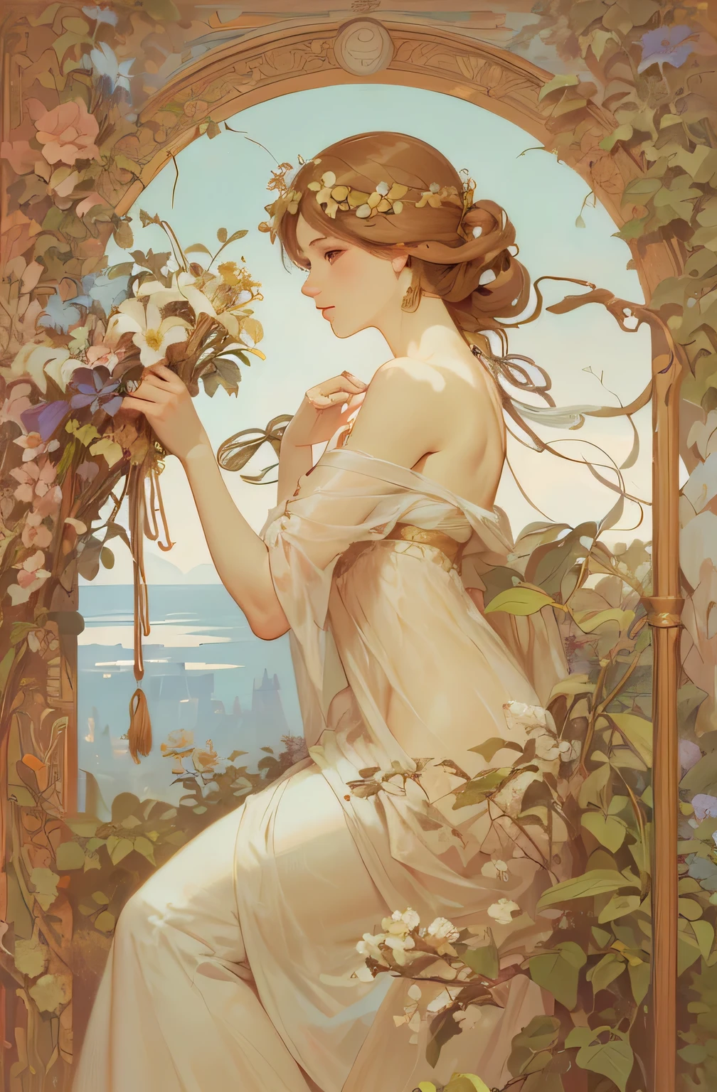 (masterpiece,best quality),(beautiful background:1.2),(8k,high-res,detailed),(poster),flat shading:1.4,
Alphonse Mucha,
(solo:1.2),a woman,hair with flowers,bare shoulder,small face:1.5,
Chubby,flower,Moon,night, Iris sanguinea