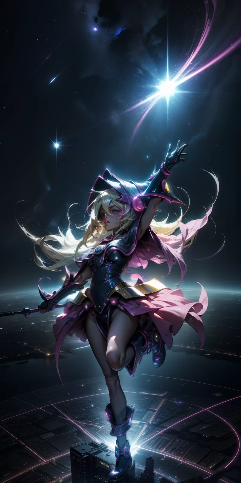 Mujer preciosa dark magician girl ( neon cyberpunk ), The neon sings, neon lighting, RTX chica maga oscura iluminando volando en el aire. Encima de la ciudad a media noches. Luna llena. Cielos de estrellas. Mago oscuro volando