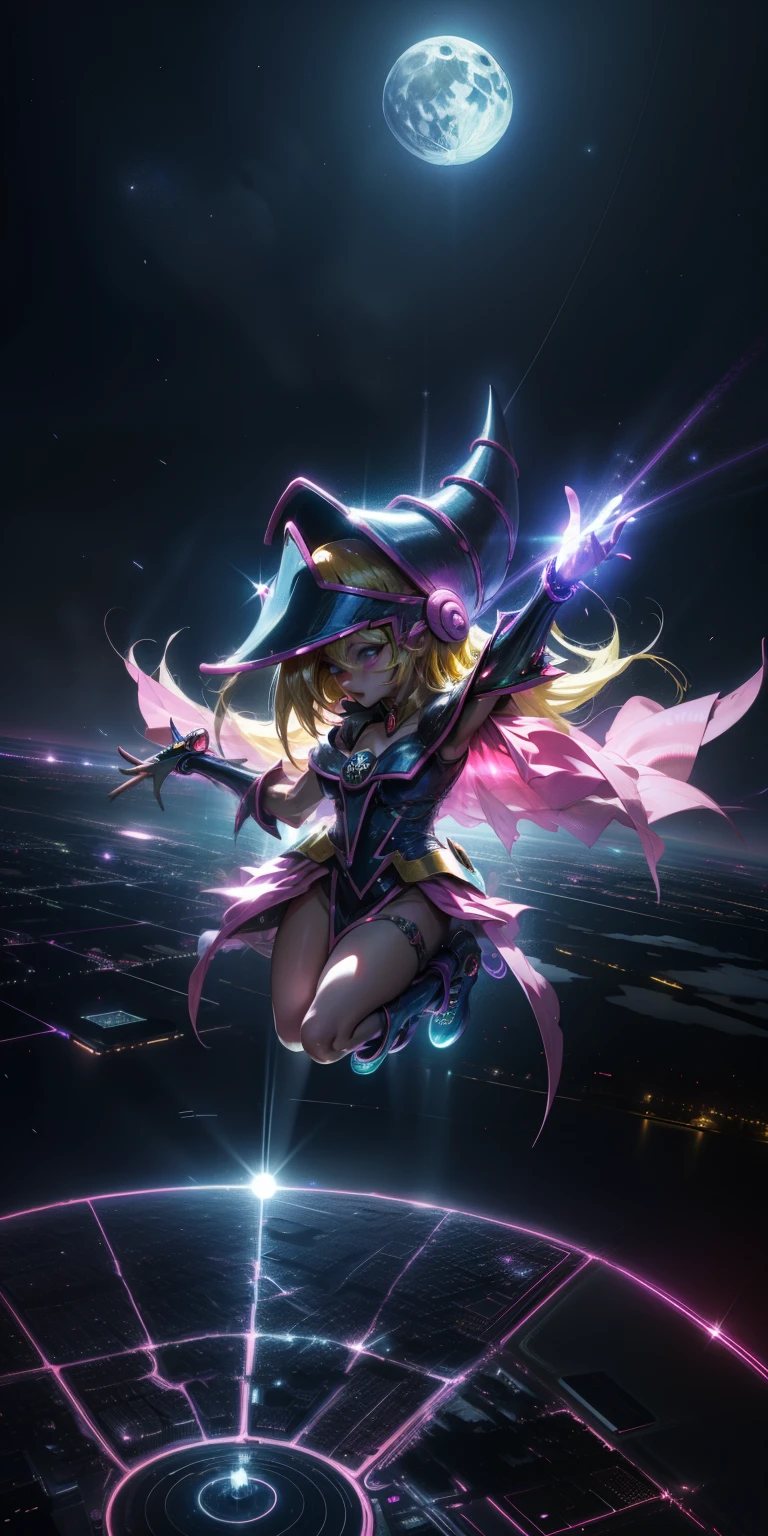 Mujer preciosa dark magician girl ( neon cyberpunk ), The neon sings, neon lighting, RTX chica maga oscura iluminando volando en el aire. Encima de la ciudad a media noches. Luna llena. Cielos de estrellas. Mago oscuro volando