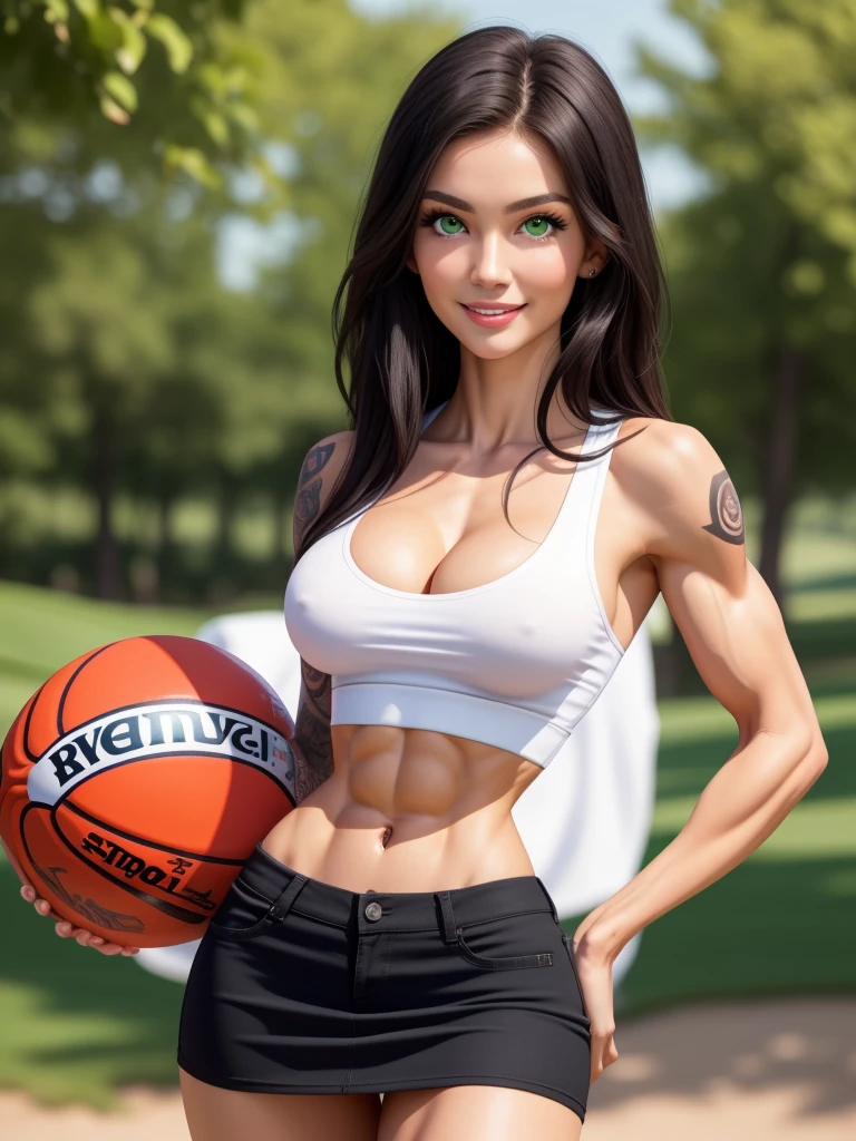 muscular, thick thighs, wide hips, huge perky ass, very very pale fair white skin, big green eyes, straight black hair, most beautiful European woman on earth, detailed face and eyes, professional photoshoot, looking at viewer, masterpiece, best quality, 8K HDR, huge breasts, 85mm photo, shallow depth of field, tack sharp, solo, 1girl, face extremely close to camera, from front, leaning into camera, cleavage, downblouse, plump full lips, exaggerated hourglass physique, shredded fit body, zero body fat, muscle definition, striations, broad shoulders, deltoids, tiny waist, long lean torso, shredded eight pack abs, obliques, real hands, slender golfer, extremely seductive smile, tattoos, miniskirt, polo shirt