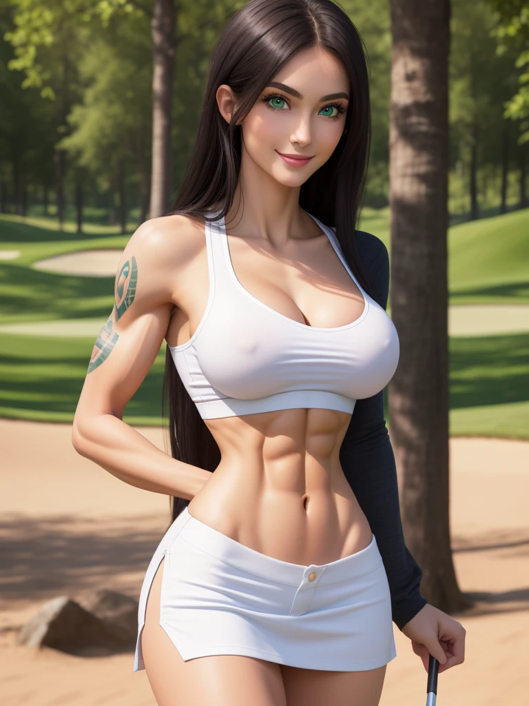 muscular, thick thighs, wide hips, huge perky ass, very very pale fair white skin, big green eyes, straight black hair, most beautiful European woman on earth, detailed face and eyes, professional photoshoot, looking at viewer, masterpiece, best quality, 8K HDR, huge breasts, 85mm photo, shallow depth of field, tack sharp, solo, 1girl, face extremely close to camera, from front, leaning into camera, cleavage, downblouse, plump full lips, exaggerated hourglass physique, shredded fit body, zero body fat, muscle definition, striations, broad shoulders, deltoids, tiny waist, long lean torso, shredded eight pack abs, obliques, real hands, slender golfer, extremely seductive smile, tattoos, miniskirt, polo shirt