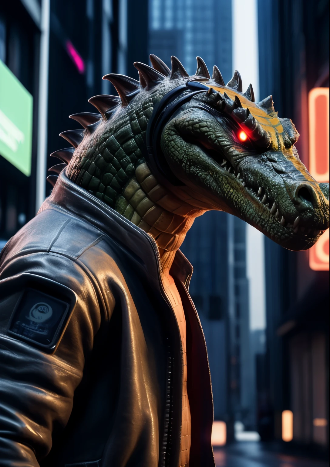 SIDE VIEW,  Epic, city, Biogen, ((((cyber)))), (angry crocodile in a red jacket ),Real,detailed,detailed eyes,detailed face,Best quality,professional photo,photoRealism,high quality,volume,ray tracing,HDR,4K,8 k,absurd resolution,maximum shading,((masterpiece)) ,   