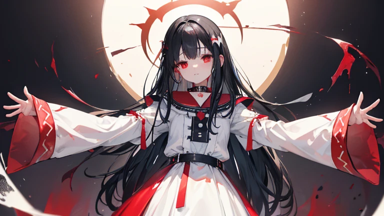 black hair、long hair、((AAA cup))、is seperated、、Watching from the front、((Alice))、((two arms))、((red collar))、、((Red and white peasant dress))、((low length))、vampire、black feather、night、Blood