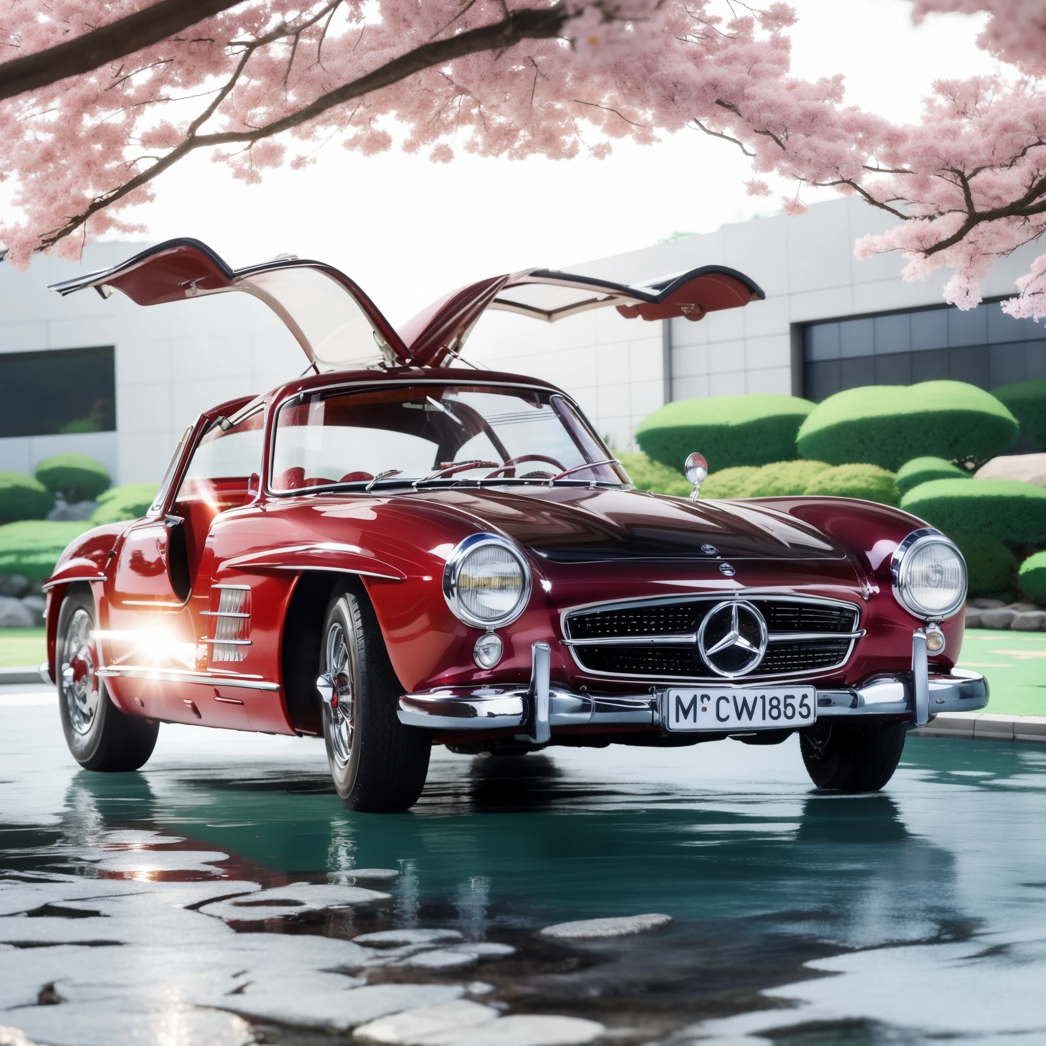 Mercedes-Benz 300SL, (anime style:1.8), In a Japanese garden with stones and streams, luxurious bright contemporary modern full, relaxed, peaceful, cute, magical, surreal, fancy, elegant, intricate, highly detailed, very sharp focus, detail, cool light, shining, vibrant, beautiful, thought, perfect, professional, artistic, innocent