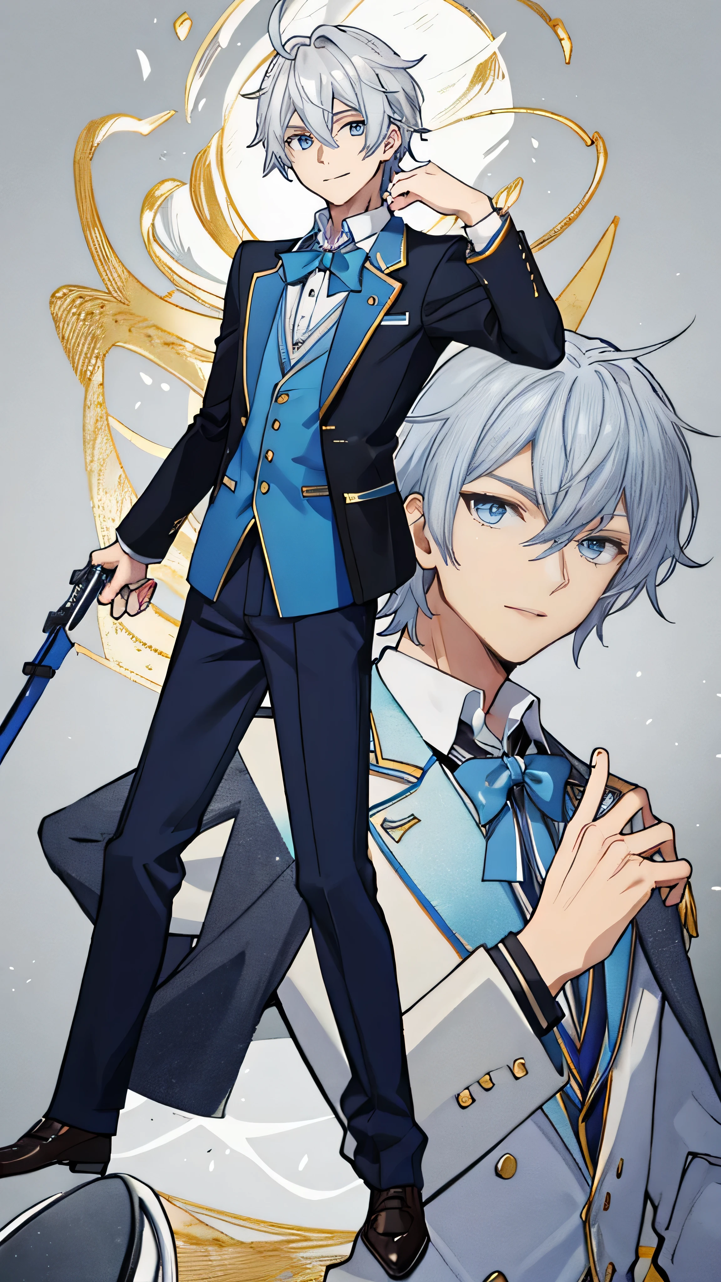 1 male, beautiful character, short silver hair, blazer uniform, smiling a little, whole body, Are standing, white background, gold eye on left eye and blue eye on right eye, The left eye is golden and the right eye is blue-eyed, he is tall, 17-18 years old, senior high School, Bold, handsome man, authoritative, perverted face