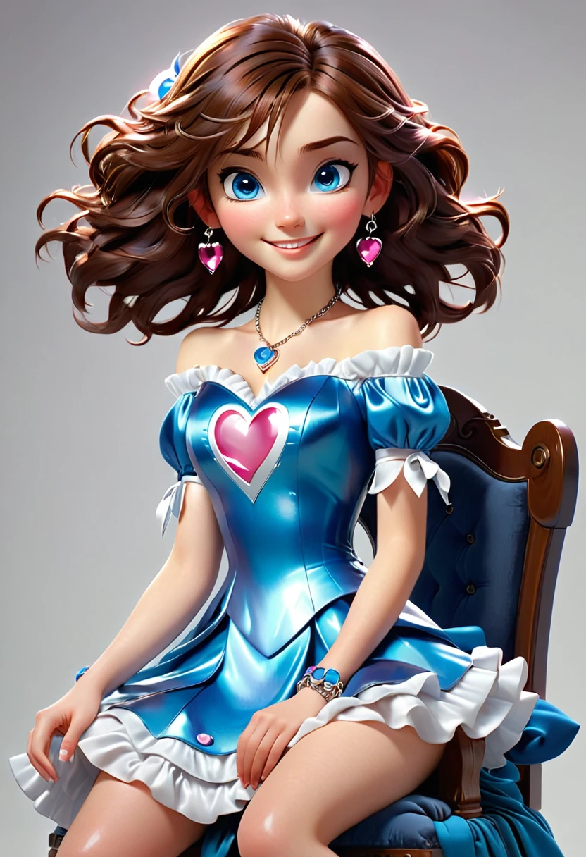  ((best quality)) ((masterpiece))  ((wlop)) ((pixar)) ((artgem)) ((cry engine)) ((square enix  digital image)) ((cinematic)) ((extremely detailed)) Sitting on a velvet Chair)) Is a mysterious female , fair skin,(( beautiful blue shiny eyes,)) reddish-brown hair waves hair. falling to her feet ((full body)) (( wide smile)) ((posing with both hands in her lap)) wearing a off shoulder white puff cotton short sleeved dress. All over the dress is blue small printed spades. Around her neck is small,round, silver and pink gems on a chain.attached also to the chain is small heart-shape pink pendant. On her feet is blur converse snickers with white enclosed tips