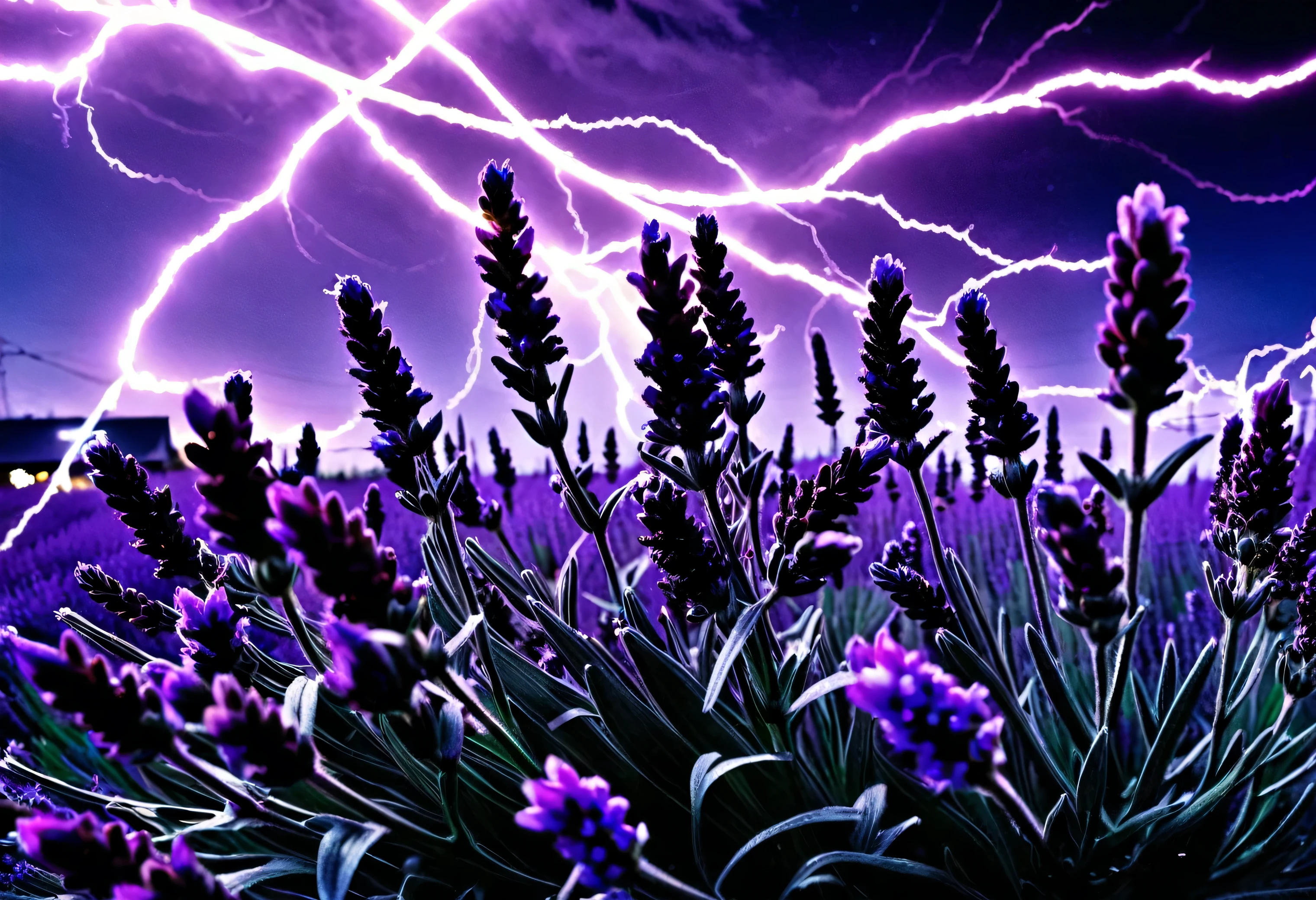 (masterpiece, best-quality) High Resolution, High Quality, Masterpiece/ Macro photography of lavender flowers with crackling electricity hightech_robotics, nighttime, lightening, cybernetics, stormy, metal, dystopian horror, purple, (, highres, detailed, high saturation)