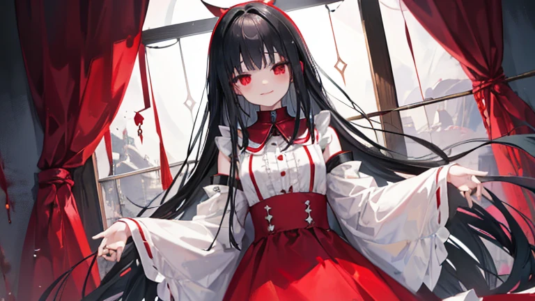 black hair、long hair、((AAA cup))、is seperated、、Watching from the front、((Alice))、((two arms))、((red collar))、、((Red and white peasant dress))、((low length))、vampire、black feather、night、Blood