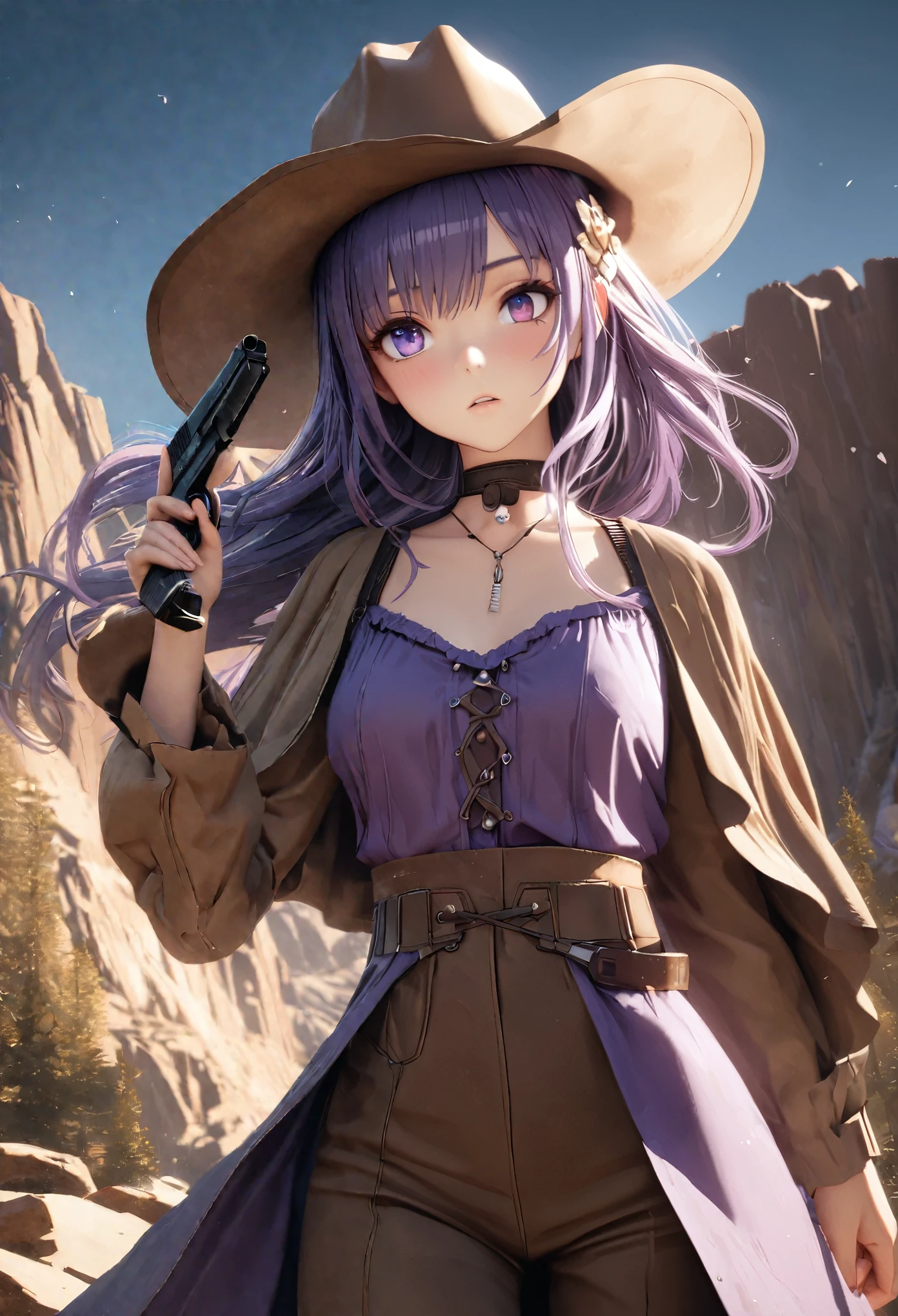 Masterpiece, Best Quality, Super Detailed, High Definition, Expensive Resolution, HDR, 4k, 8K, Unity 8k Wallpaper, Super Detailed CG, Masterpiece, Realistic, 2D, 3D, Beautiful Details, Depth, Fine Texture, Super Fine: 1.3, Fully focused, crispy, skin, .he, Very cute anime girl, ((blue left eye, red right eye, odd eyes)), desolate wilderness, cowboy style costume, cowboy hat, cowboy boots, handgun, lots of cute anime pigs around, Mexican wilderness, duel, handgun Standing with, purple long hair wearing expensive clothes, one girl, alone, purple long hair, cowboy style, cowboy hat, handgun, duel, cowboy boots under the eyes, looking at camera, expensive, blushing, mole, parted Lips, hair ornament, heart, choker